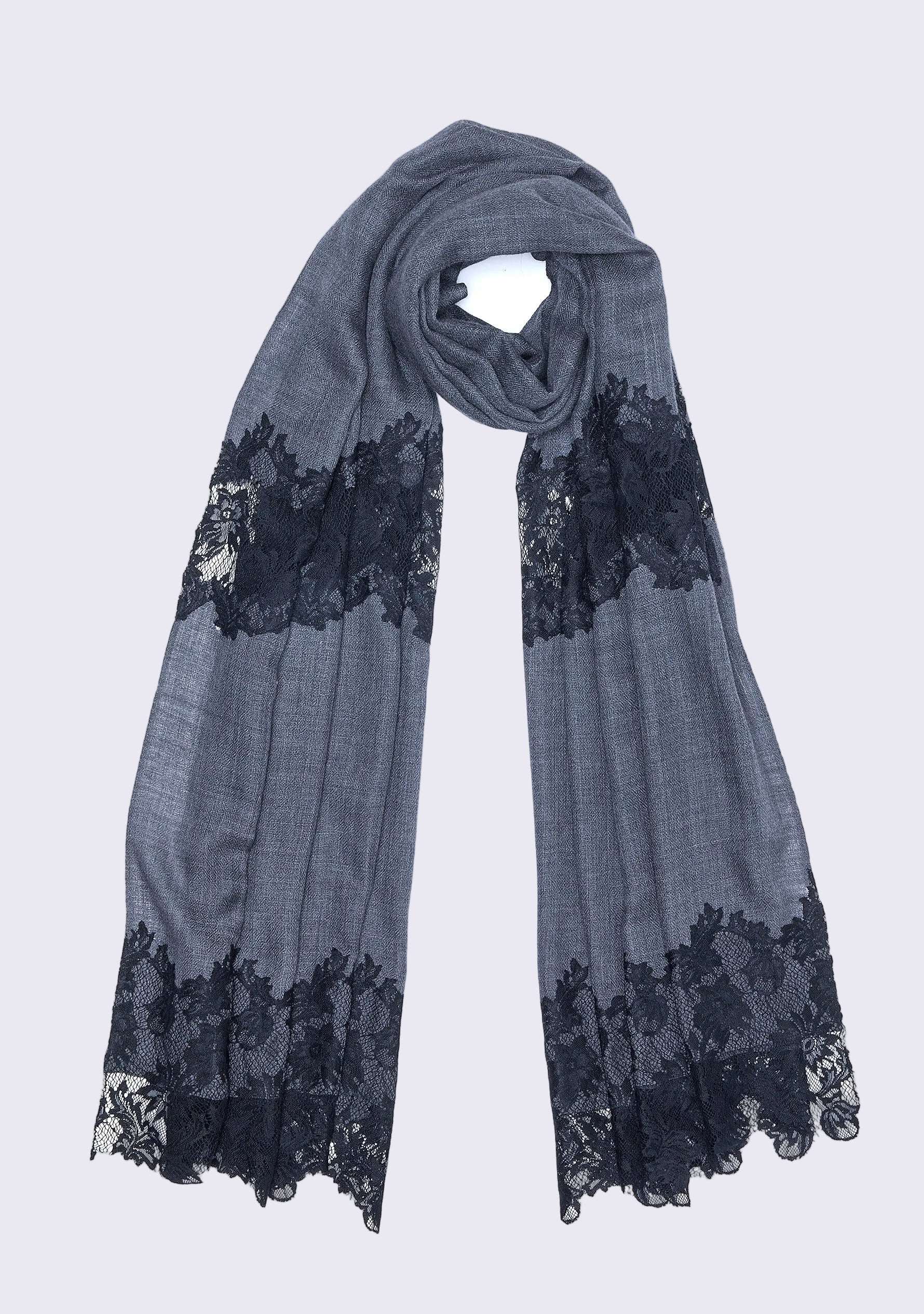 Charcoal Melange Wool & Silk Scarf Black Lace