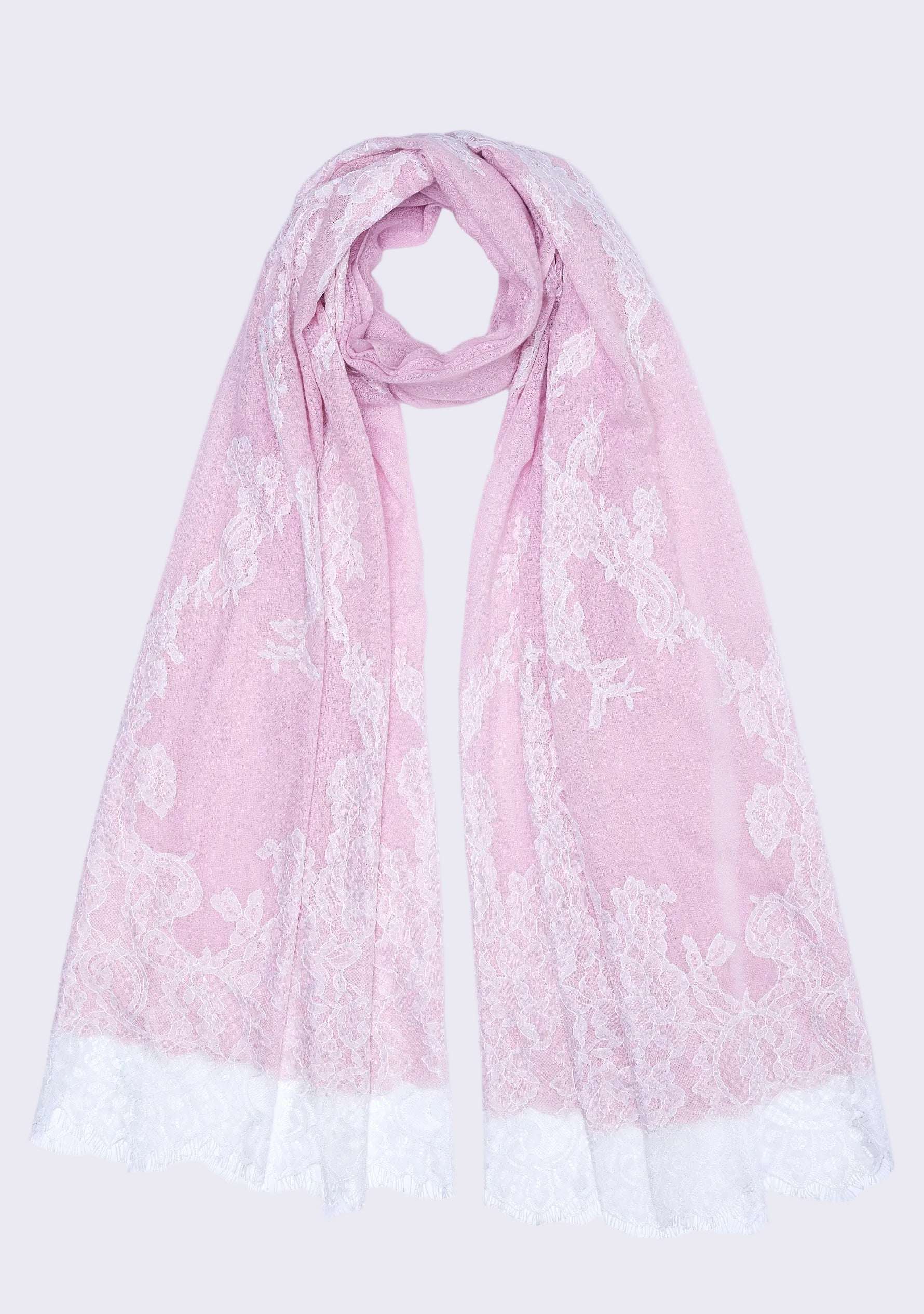 Maneesha Ruia Baby Pink Cashmere Scarf — delicate white filigree lace on luxuriously soft cashmere