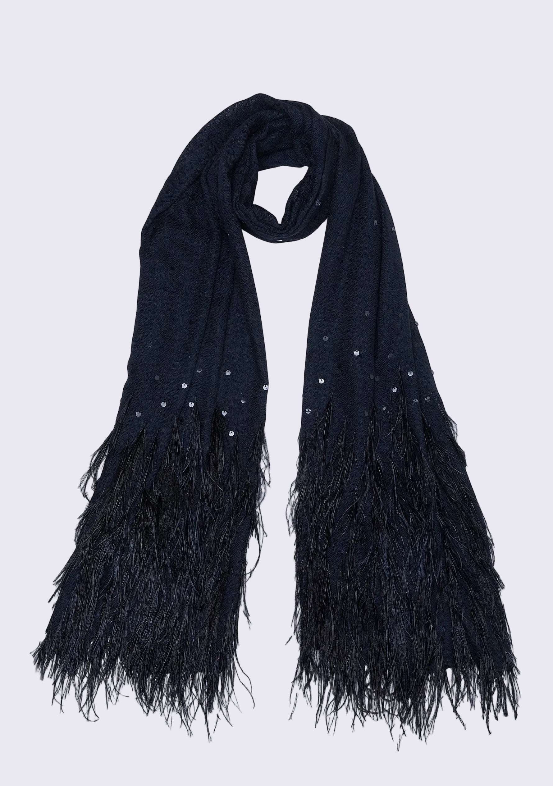 Black Cashmere Pashmina Scarf Black Ostrich Feathers & Sequin