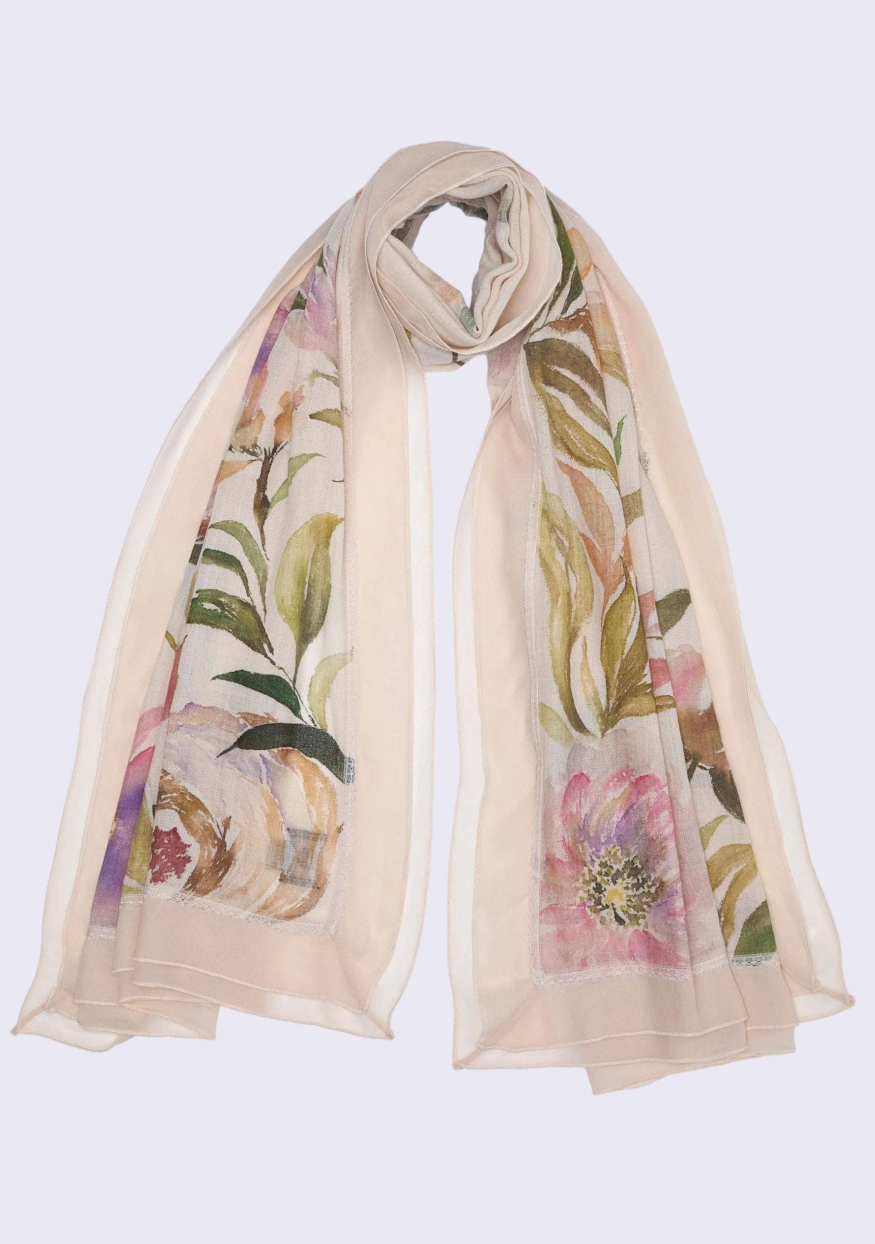 Beige Cashmere Scarf 
Hand-Painted, Frill & Lace