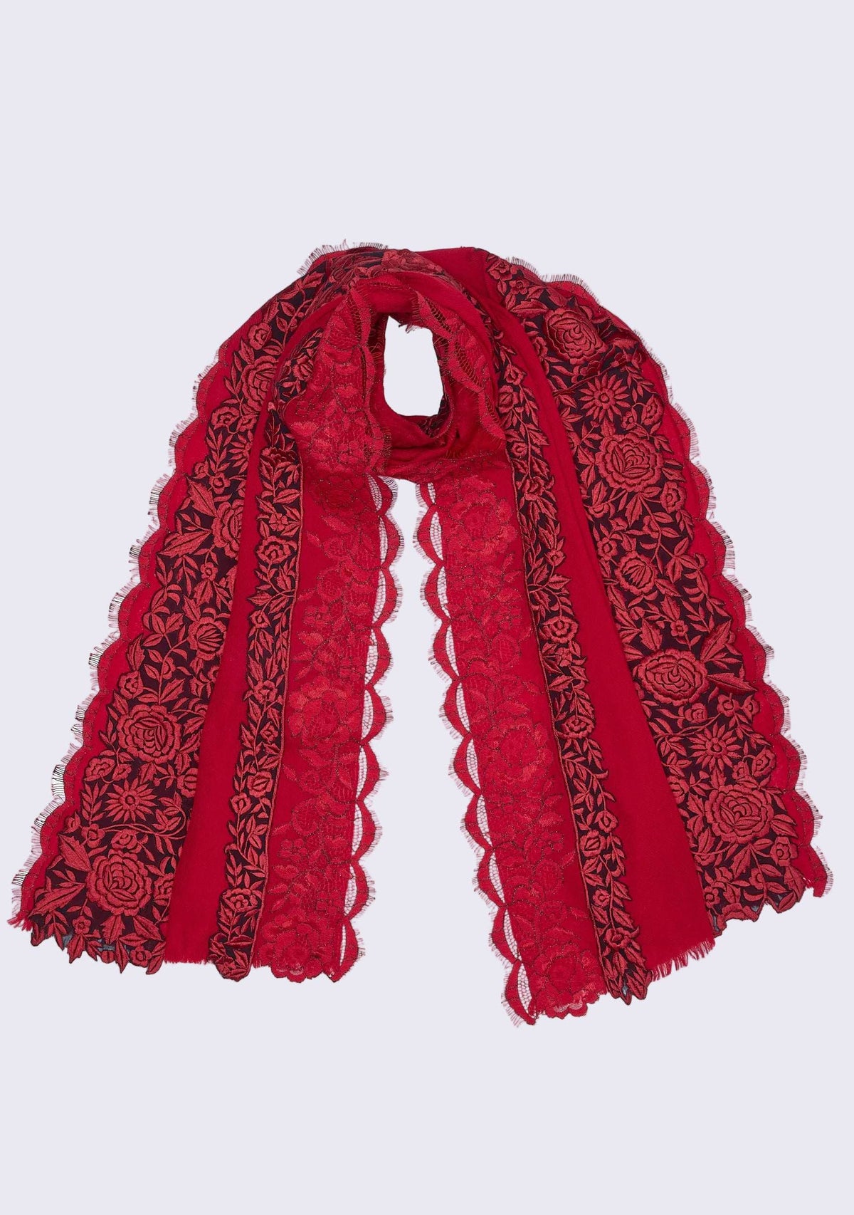 Red Cashmere Scarf 
Black & Red Embroidery and Lace