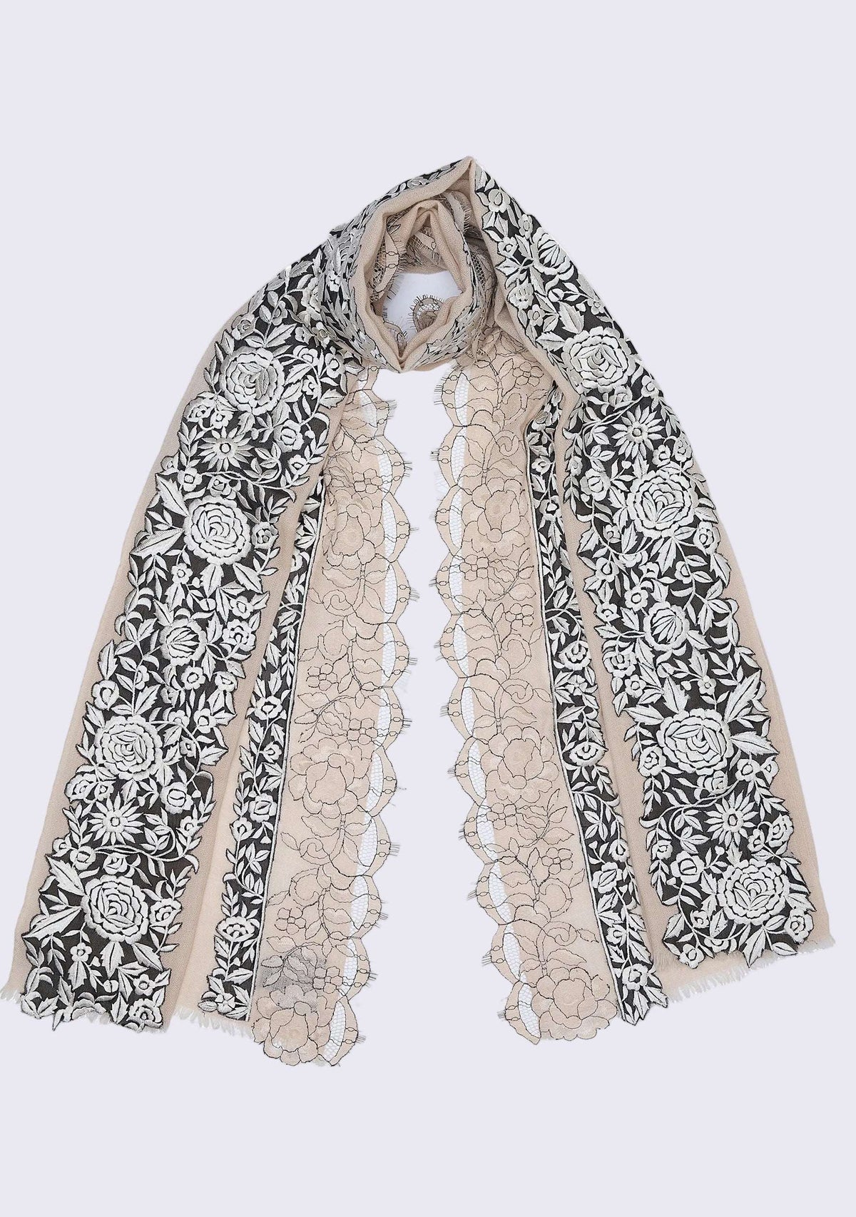 Beige Cashmere Scarf
Black & Beige Embroidery and Lace
