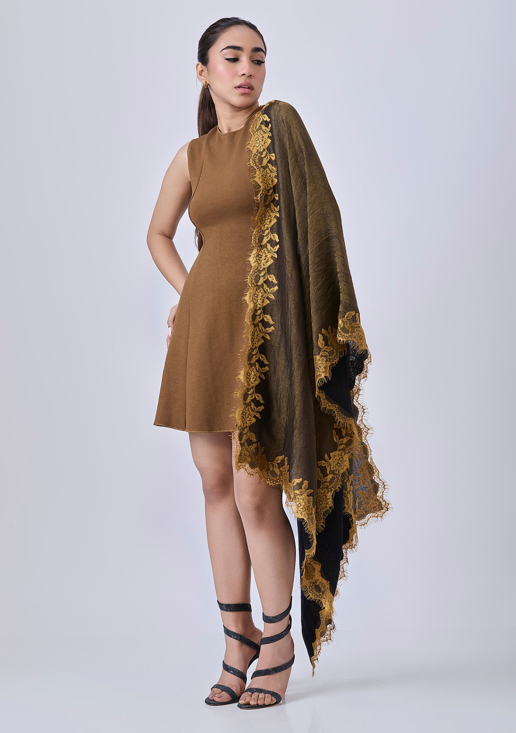 Black - Gold Wool & Silk Reversible Scarf Lt. Gold Lace