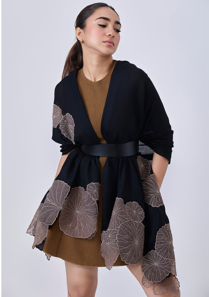 Black Cashmere ScarfTaupe Applique