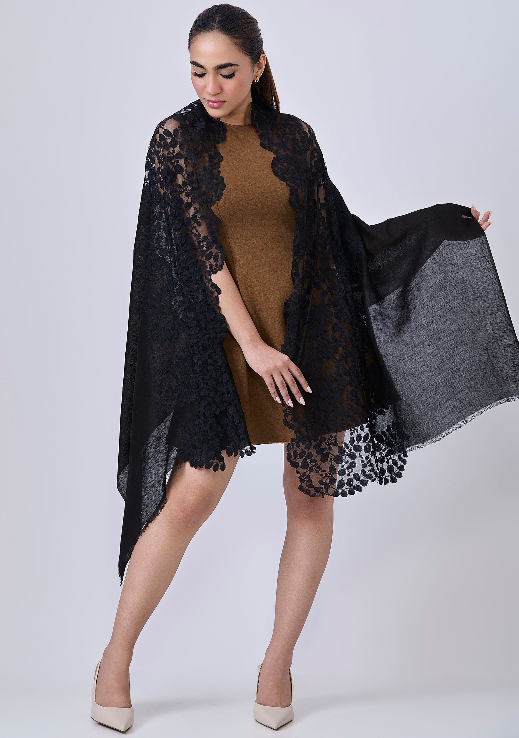 Black Linen and Modal Scarf with a Black Bold Leaf Lace