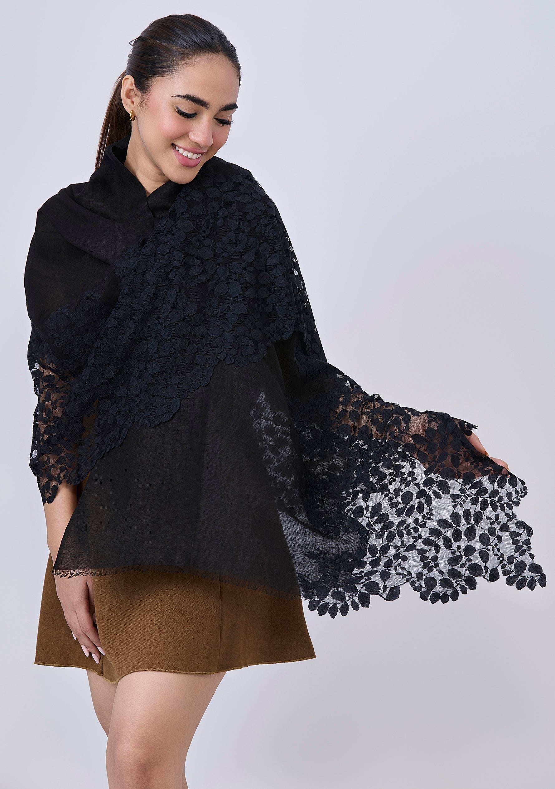 Black Linen and Modal Scarf with a Black Bold Leaf Lace