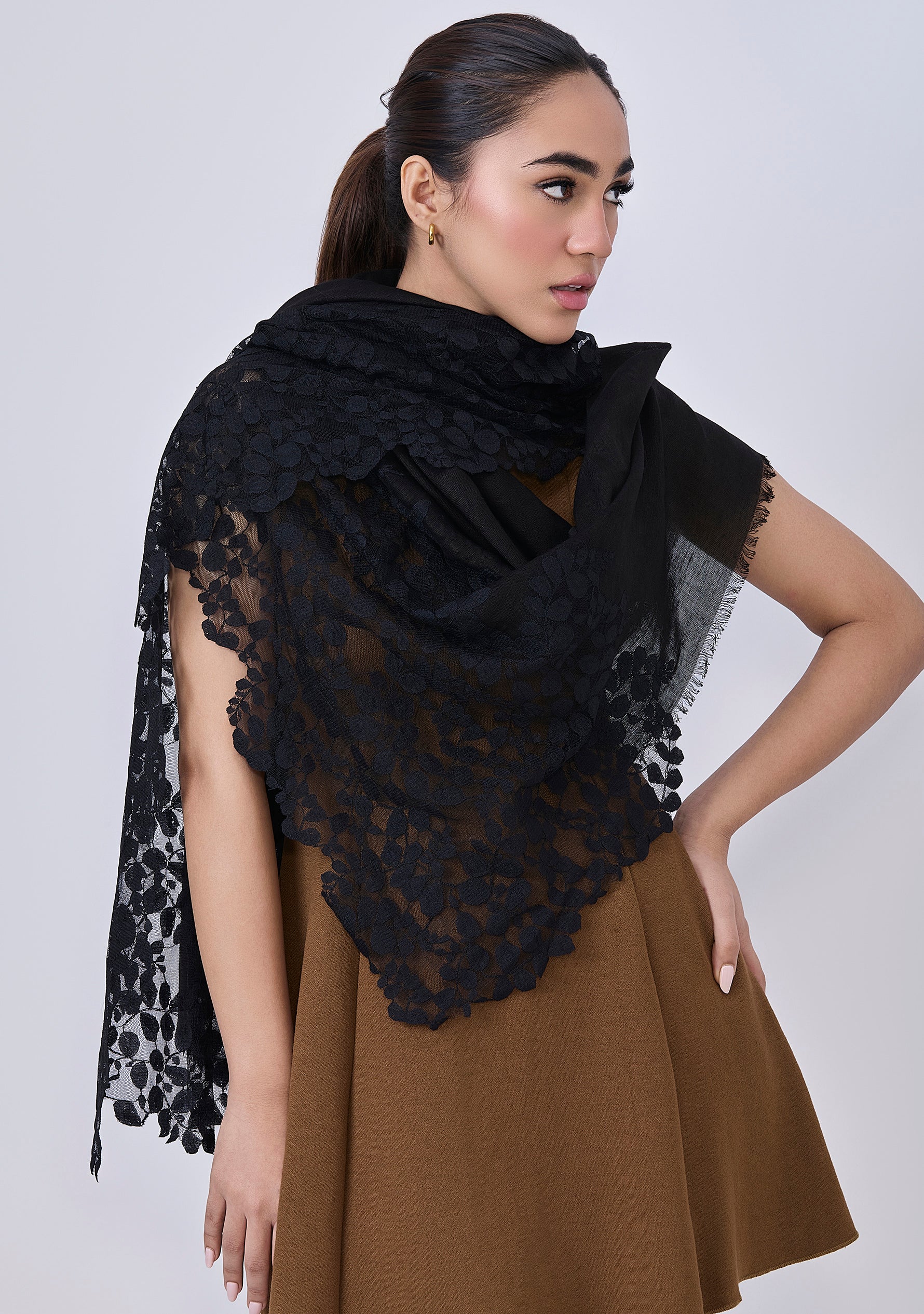 Black Linen and Modal Scarf with a Black Bold Leaf Lace