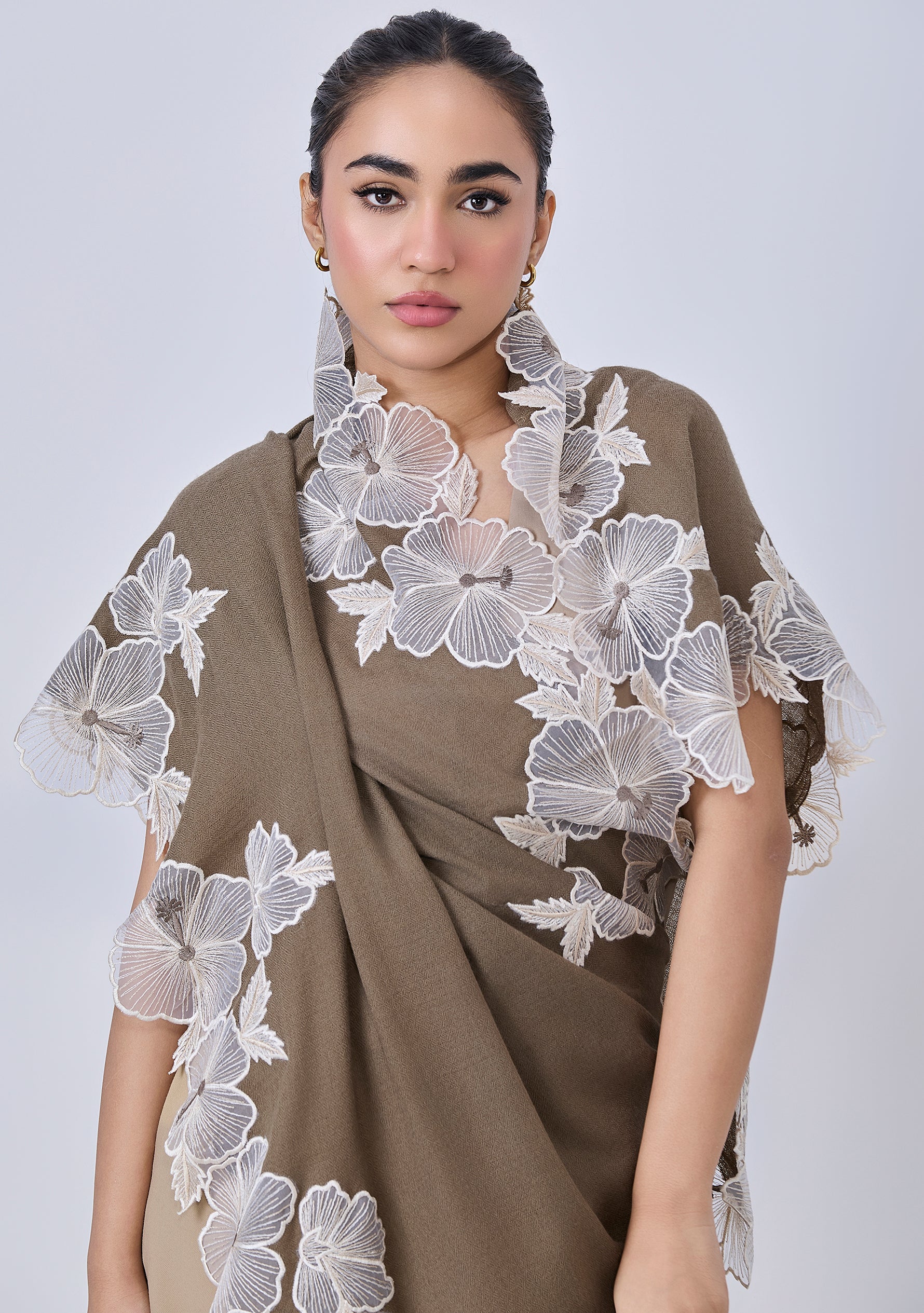 Stone Cashmere Scarf with Ivory Hibiscus Floral Embroidery Border