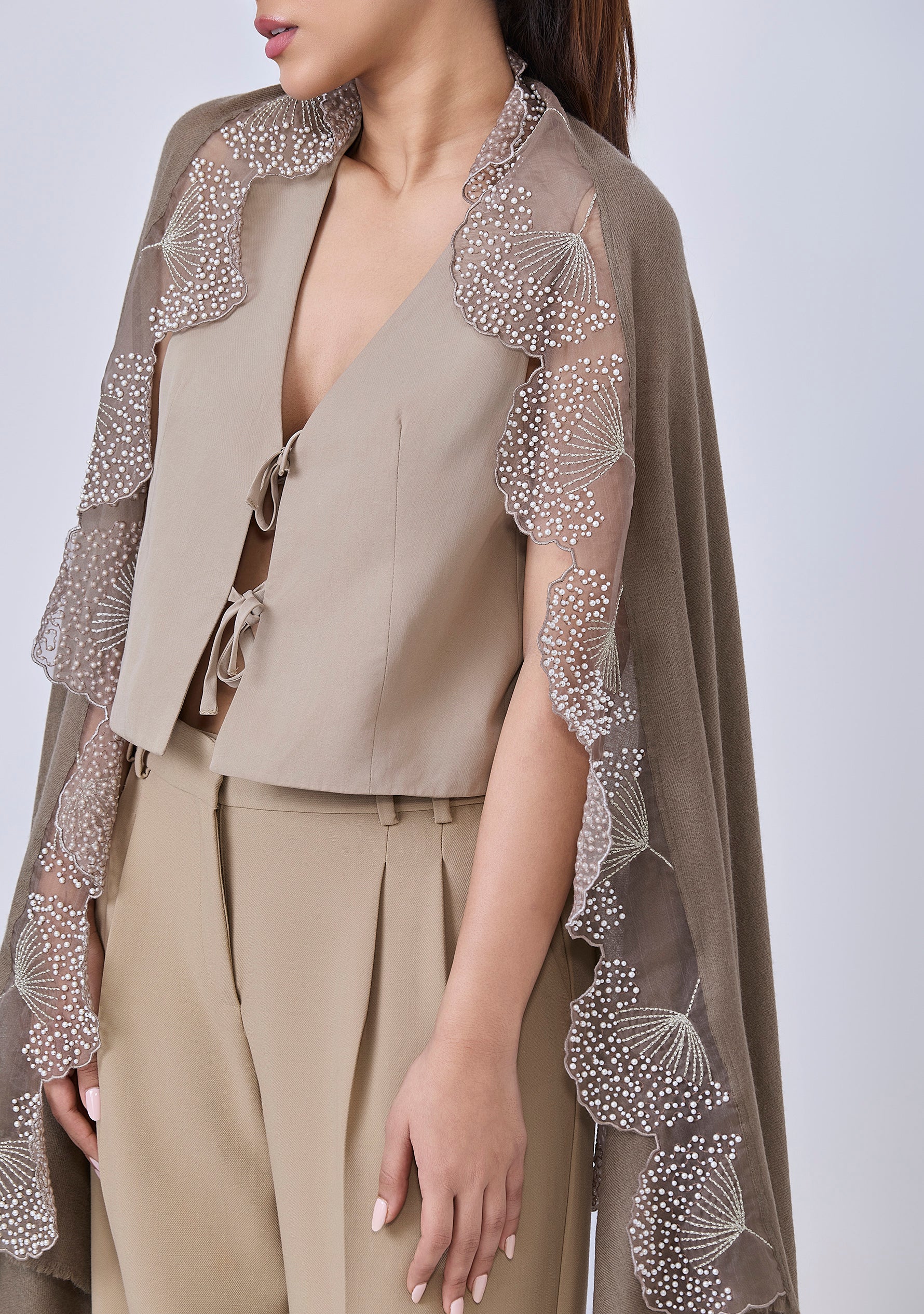 Taupe Cashmere Scarf with Ivory Pearl Embroidered Borders