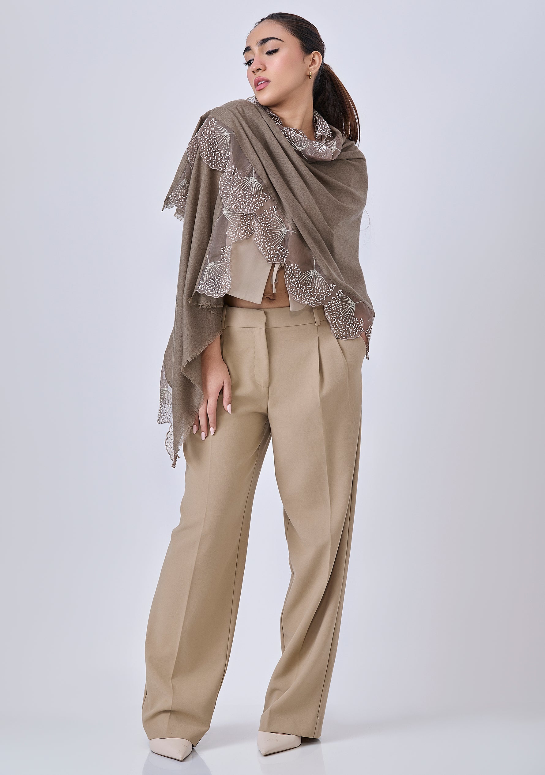 Taupe Cashmere Scarf with Ivory Pearl Embroidered Borders