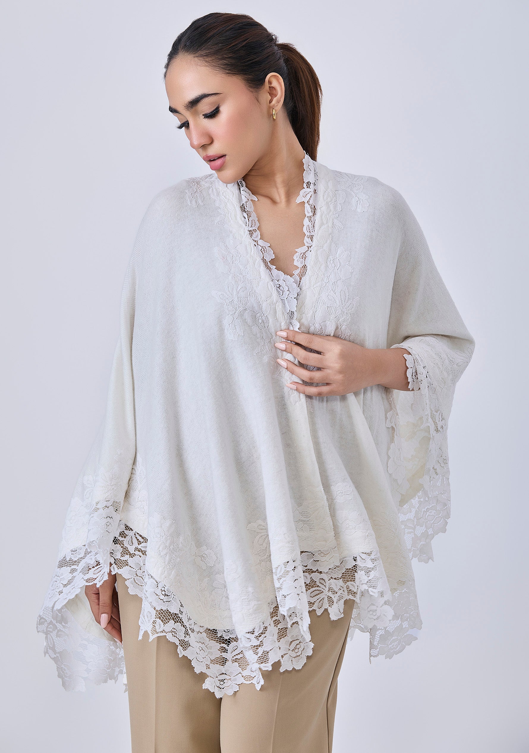 Ivory Fine Wool Cape Ivory Lace