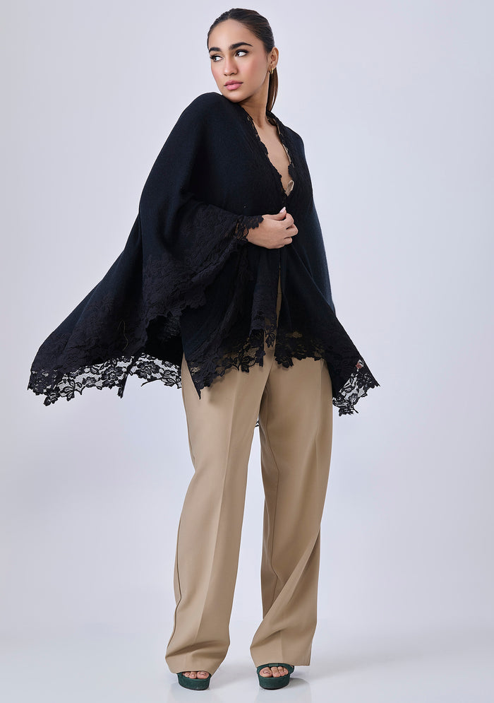 Black Wool Cape Black Lace