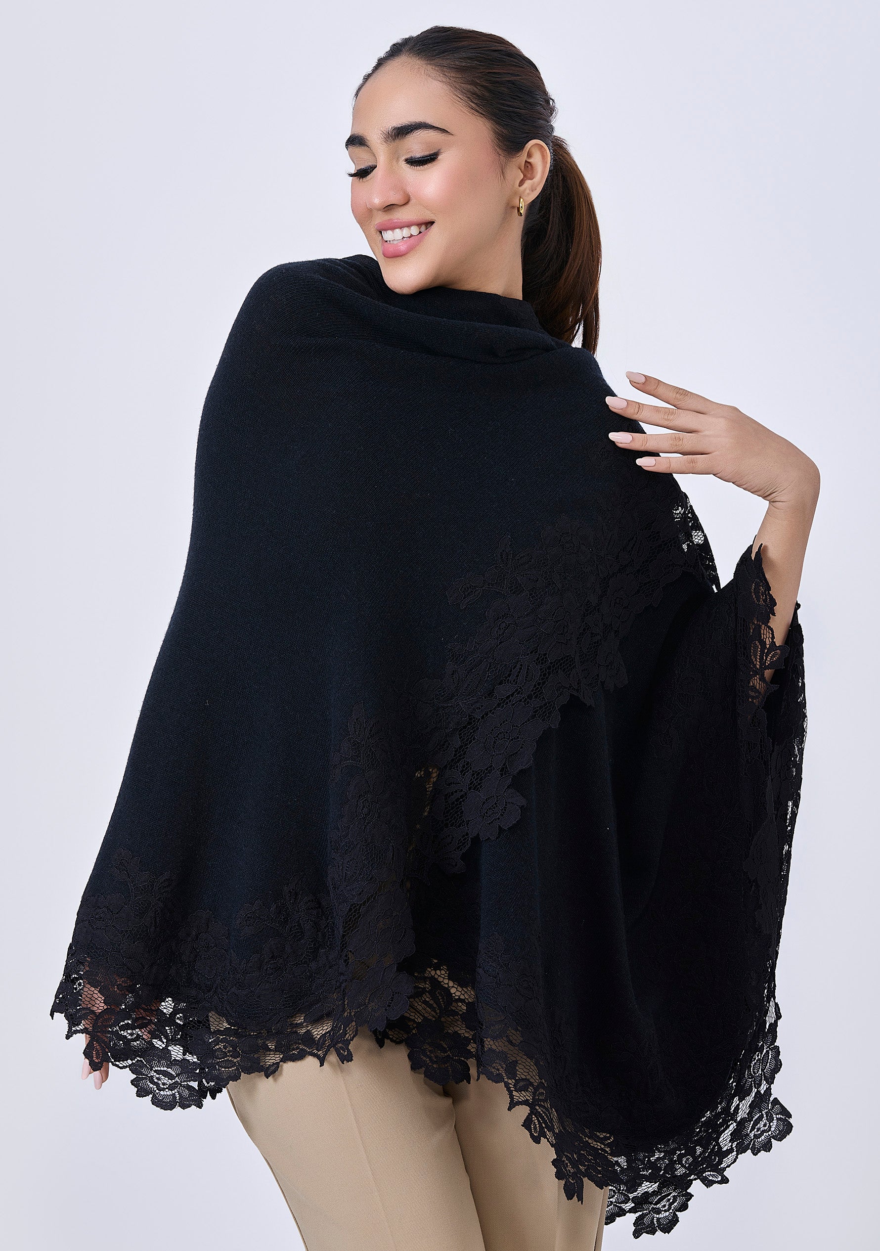 Black Fine Wool Cape Black Lace