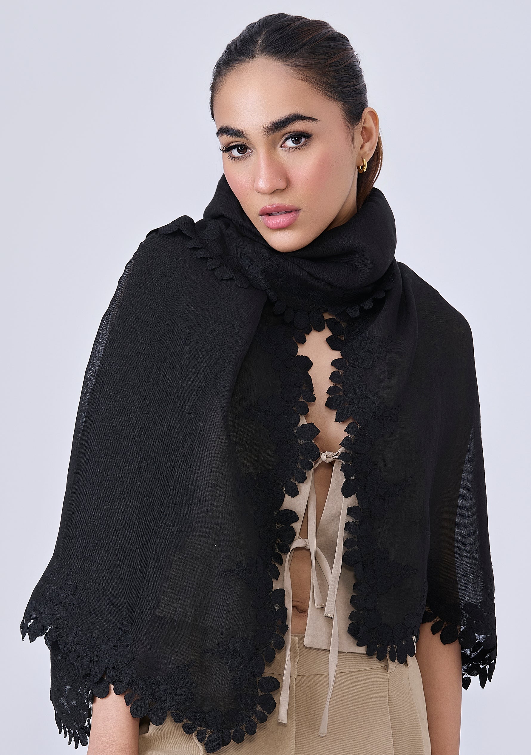 Black Linen and Modal Scarf with a Black Scalloped Lace Border