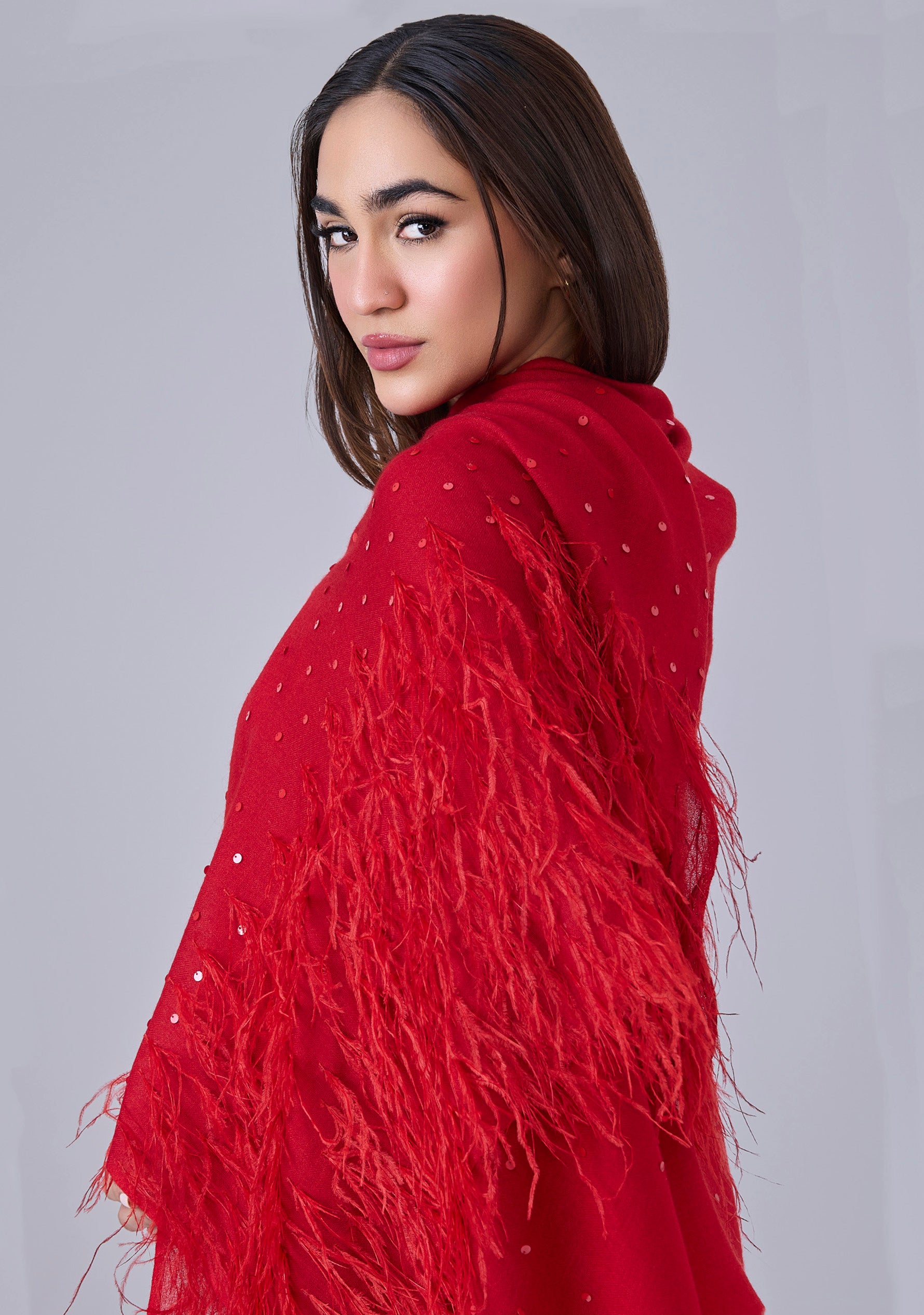 Firecracker Red Cashmere Scarf with Firecracker Red Ostrich Feathers and Firecracker Red Sequin