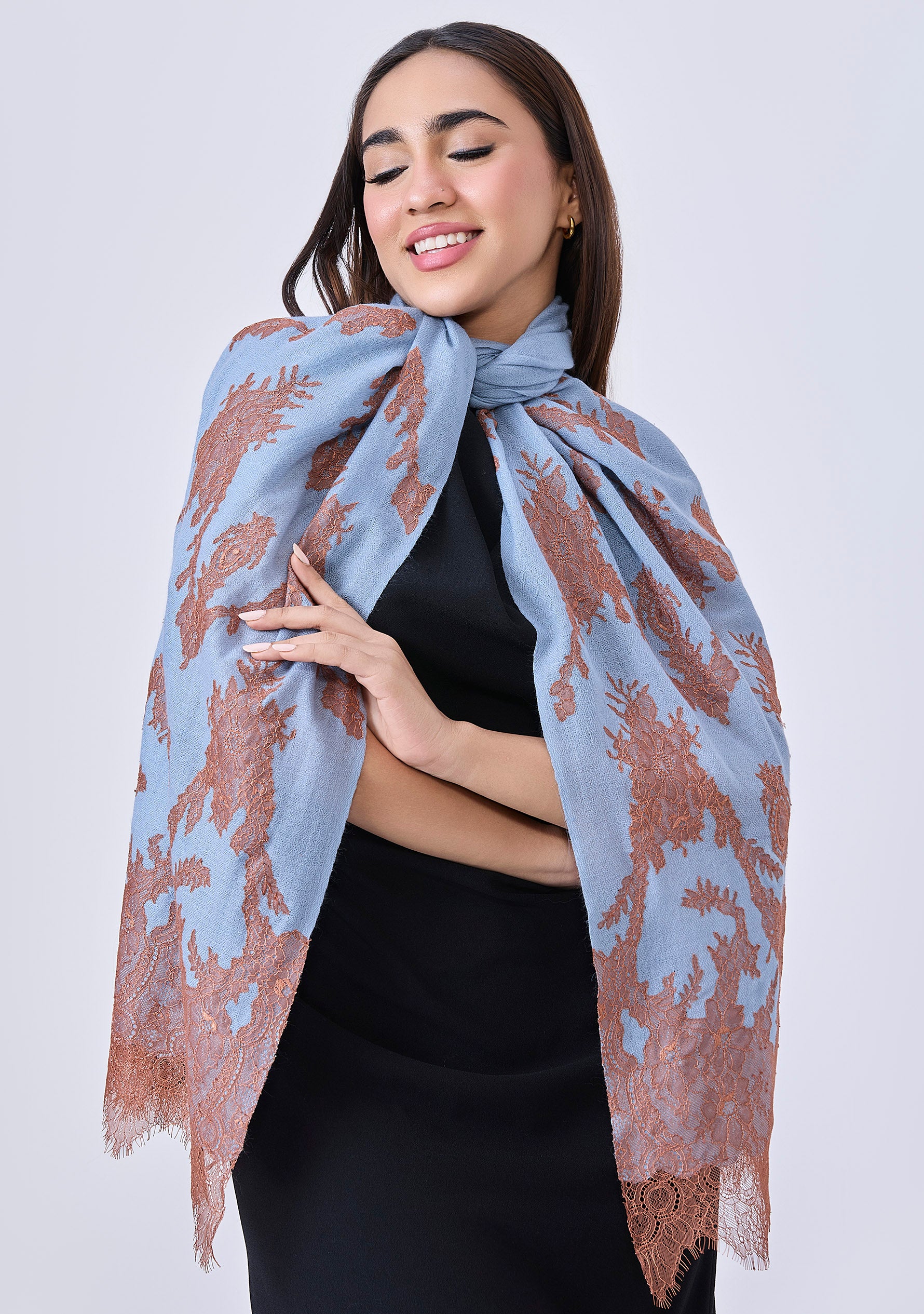 Steel Blue Cashmere Scarf Mocha Mousse Lace