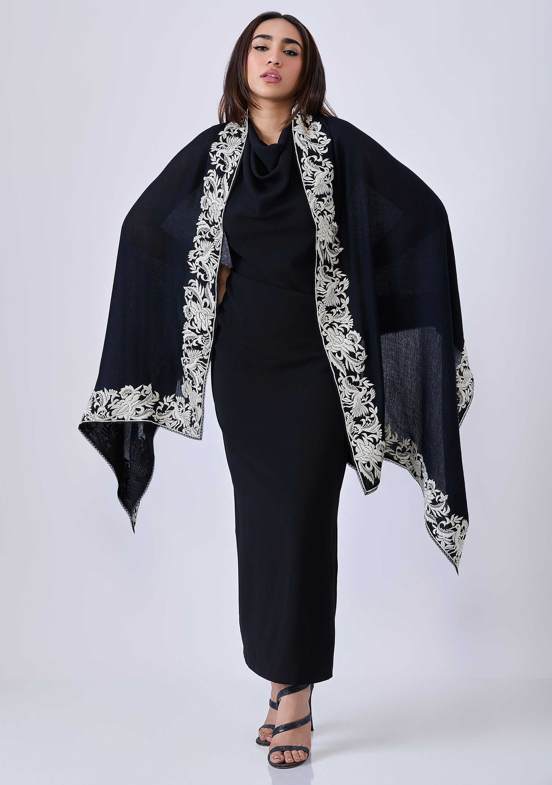 Black Cashmere Scarf with a Ivory Border Embroidery and Black Lace Edging