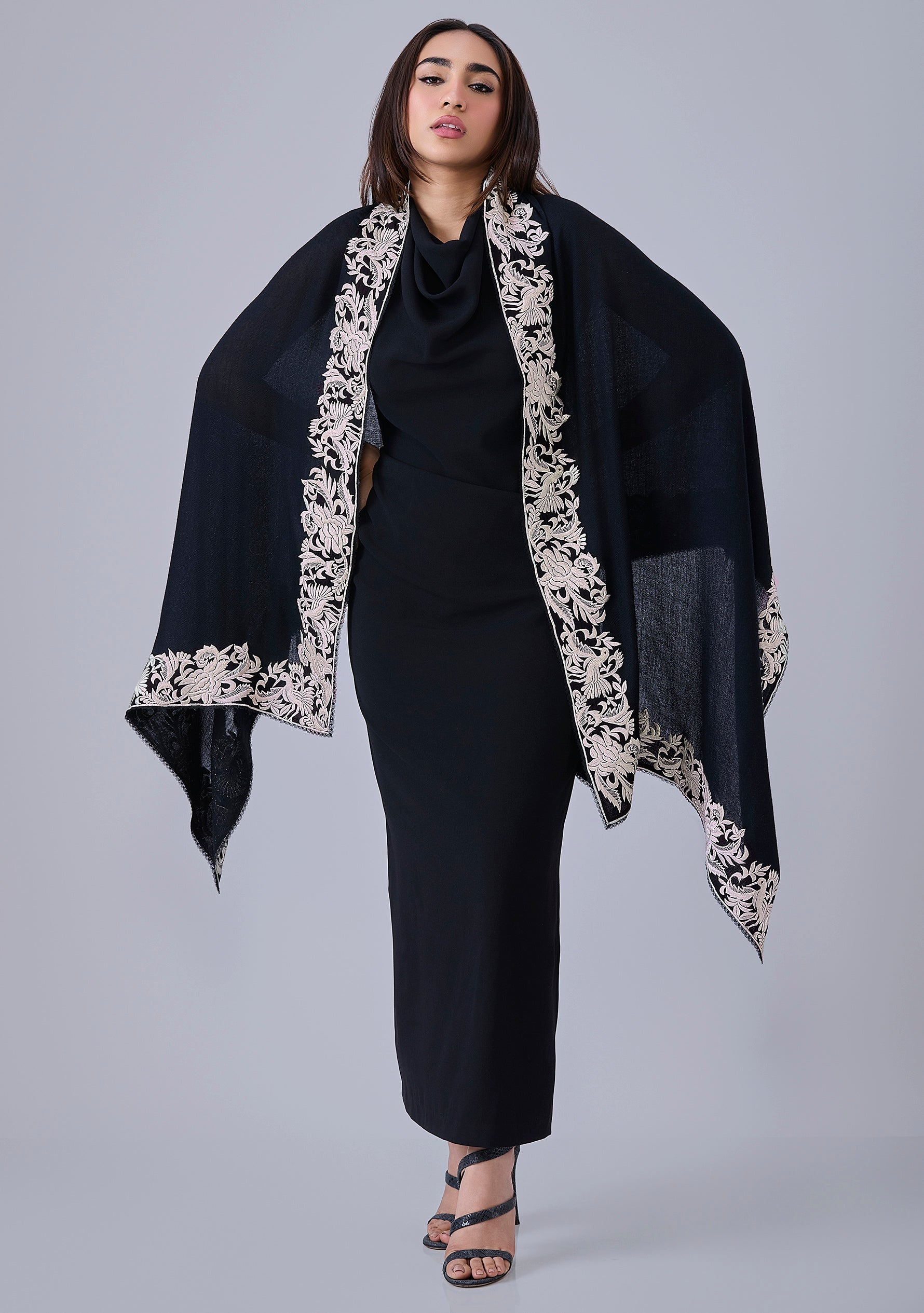 Black Cashmere Scarf with a Ivory Border Embroidery and Black Lace Edging