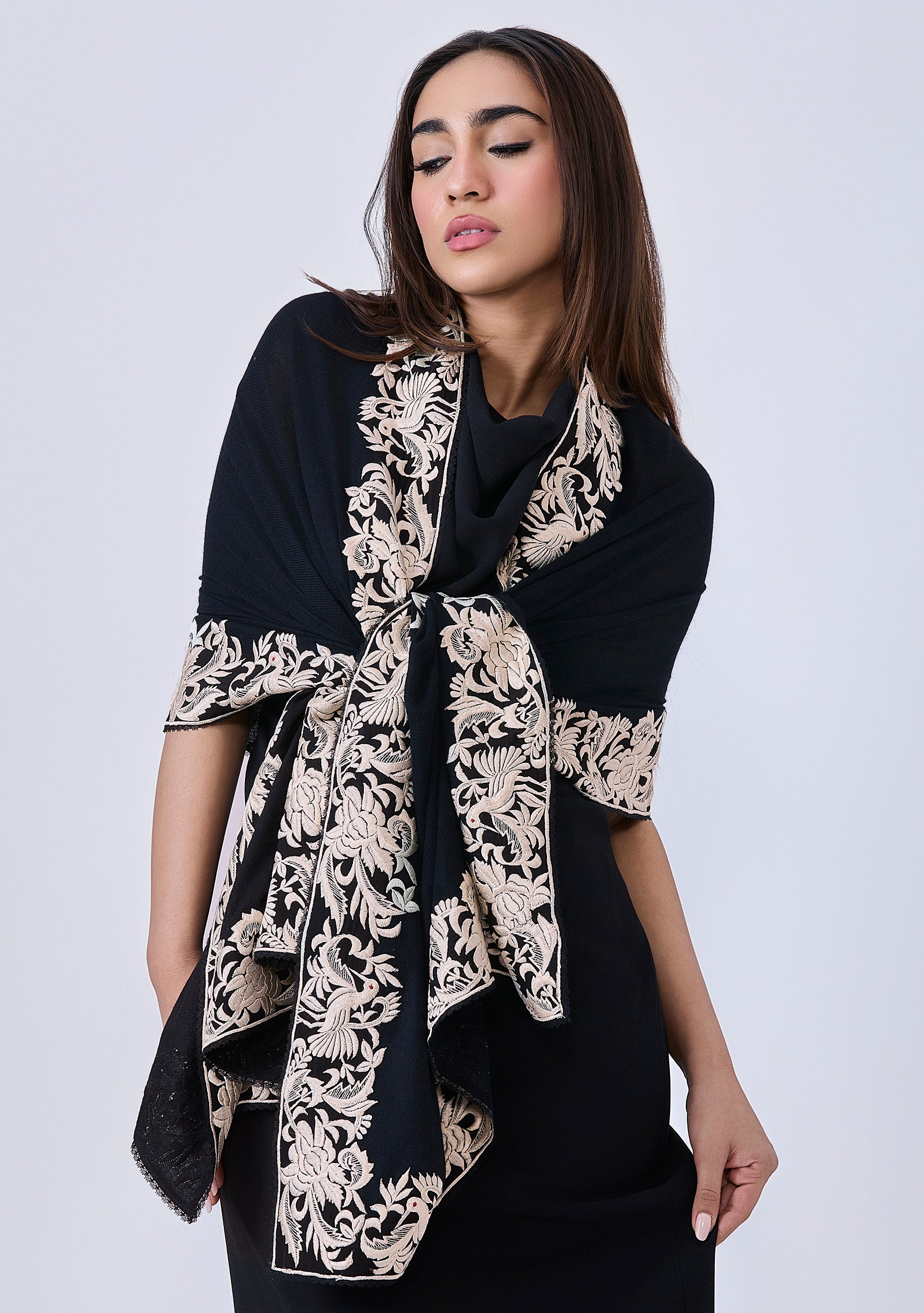 Black Cashmere Scarf with a Ivory Border Embroidery and Black Lace Edging