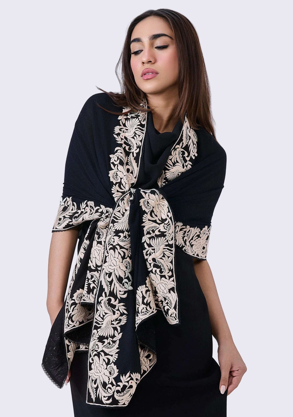 Black Cashmere Scarf Ivory Embroidery & Black Lace