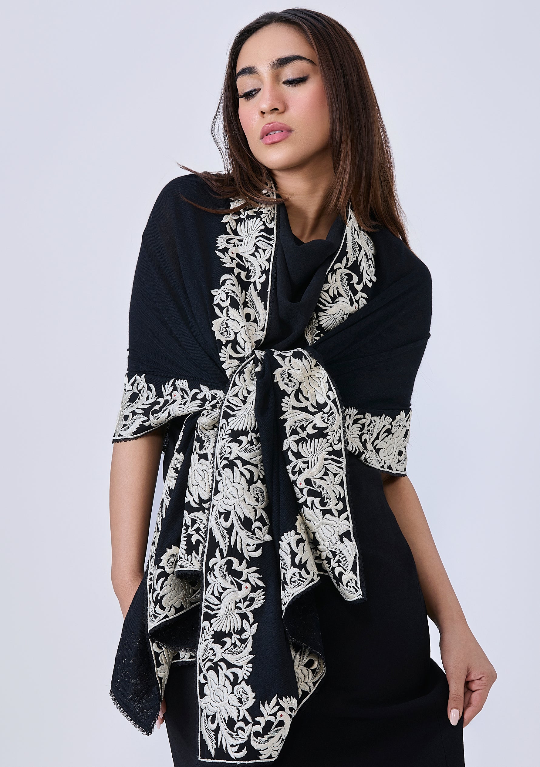 Black Cashmere Scarf with a Ivory Border Embroidery and Black Lace Edging