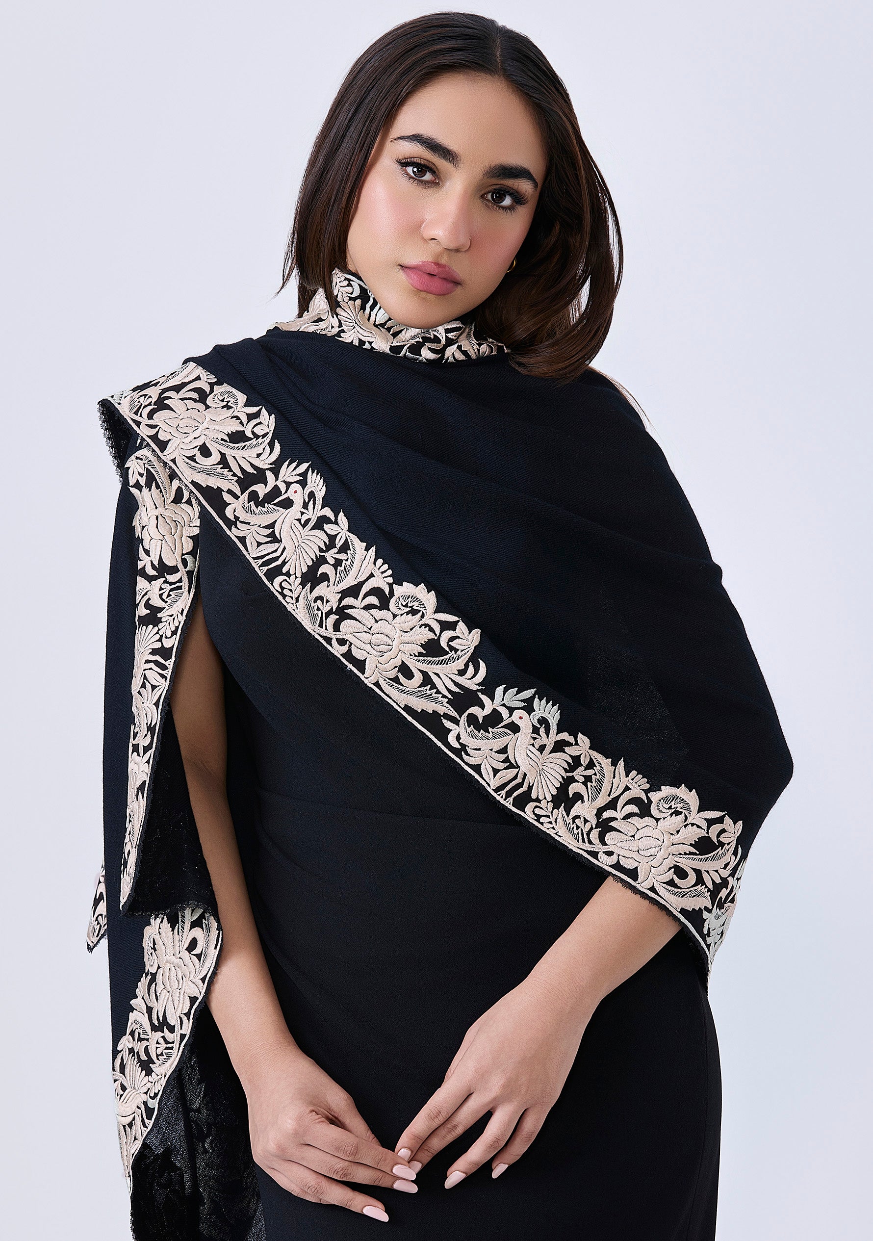 Black Cashmere Scarf with a Ivory Border Embroidery and Black Lace Edging