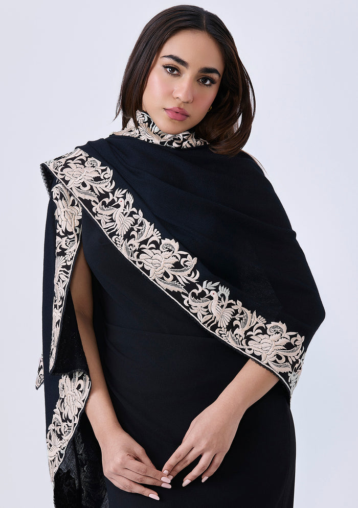 Black Cashmere Scarf Ivory Embroidery & Black Lace