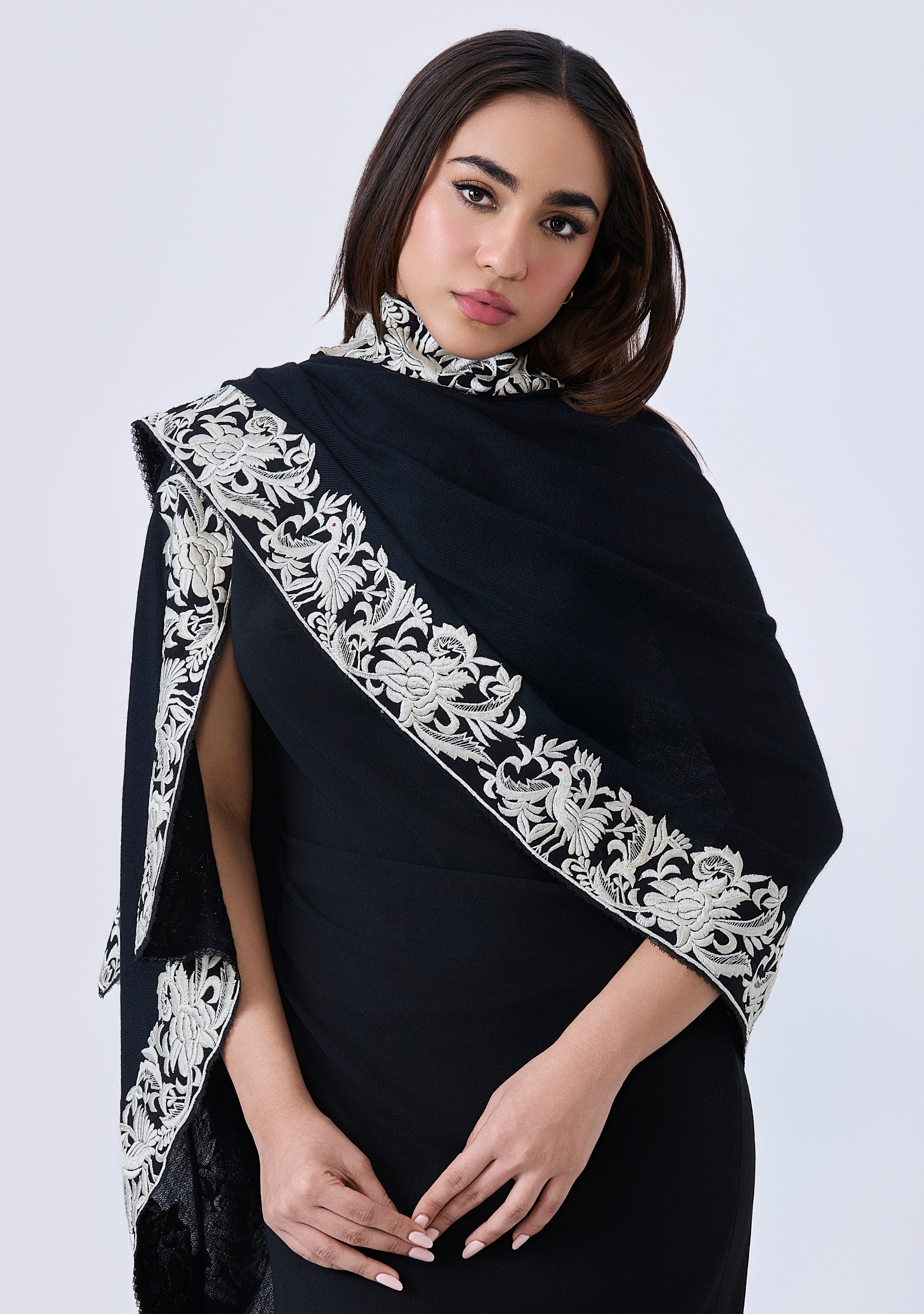 Black Cashmere Scarf with a Ivory Border Embroidery and Black Lace Edging