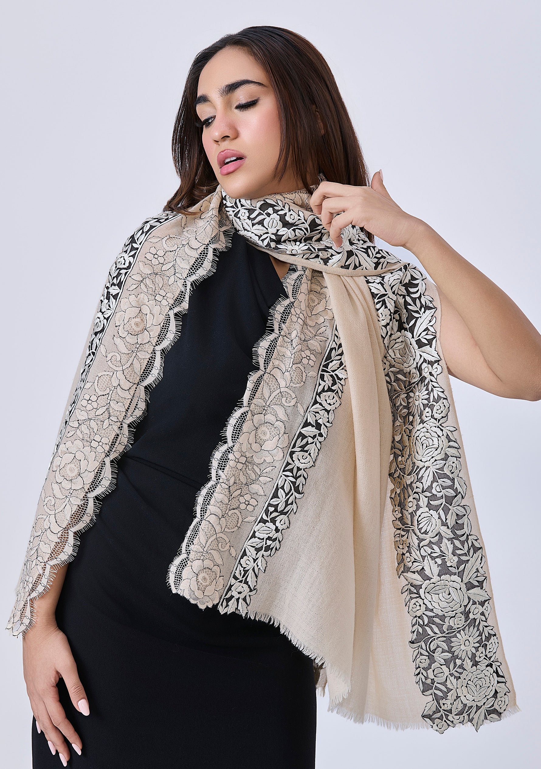 Beige Cashmere Scarf with Black and Beige Embroidery and Filigree Lace