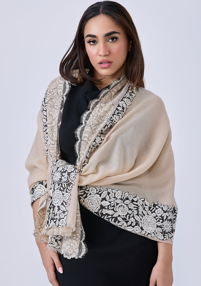 Beige Cashmere Scarf
Black & Beige Embroidery and Lace