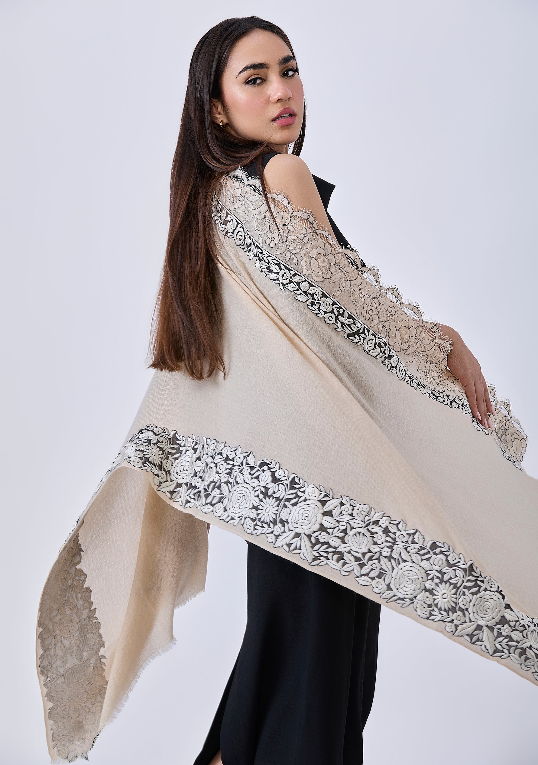 Beige Cashmere Scarf with Black and Beige Embroidery and Filigree Lace