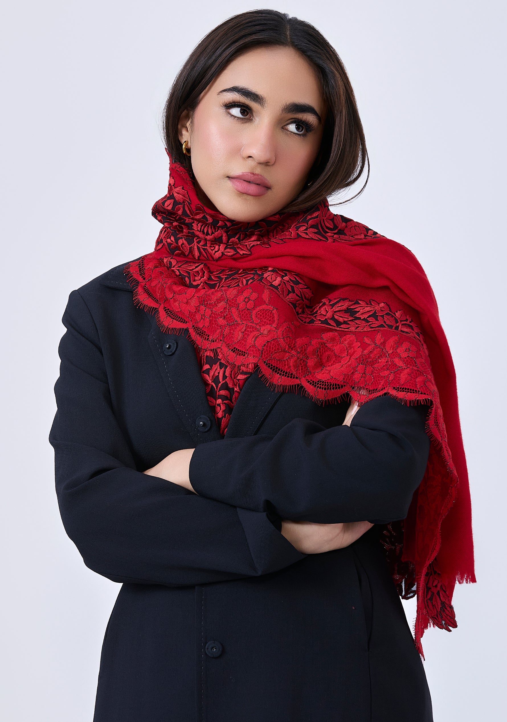 Red Cashmere Scarf with Black and Red Embroidery and Filigree Lace