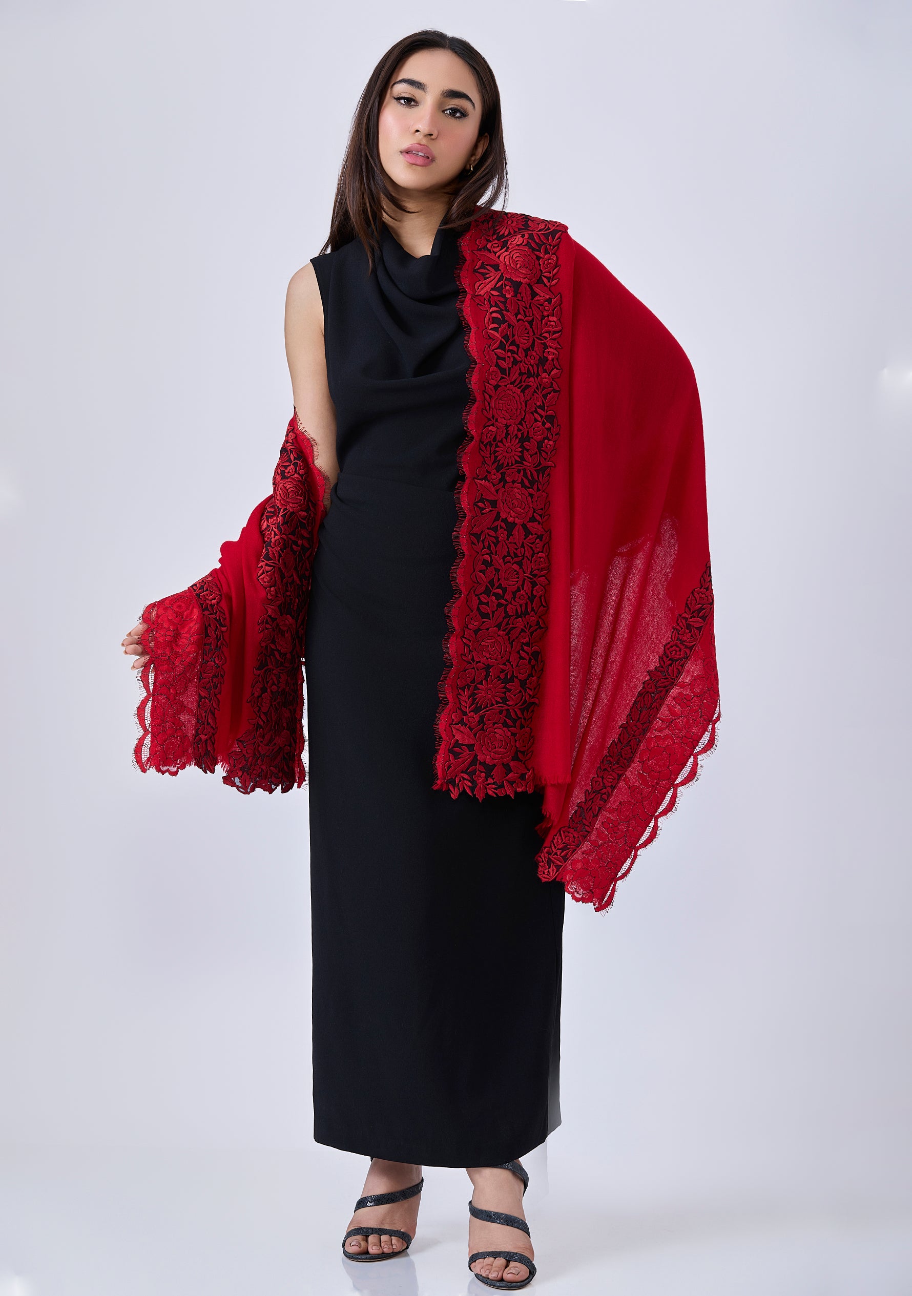 Red Cashmere Scarf with Black and Red Embroidery and Filigree Lace