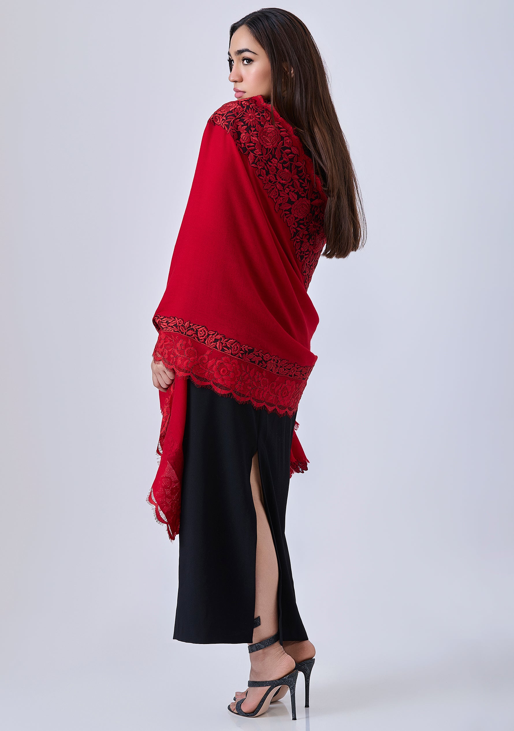 Red Cashmere Scarf with Black and Red Embroidery and Filigree Lace