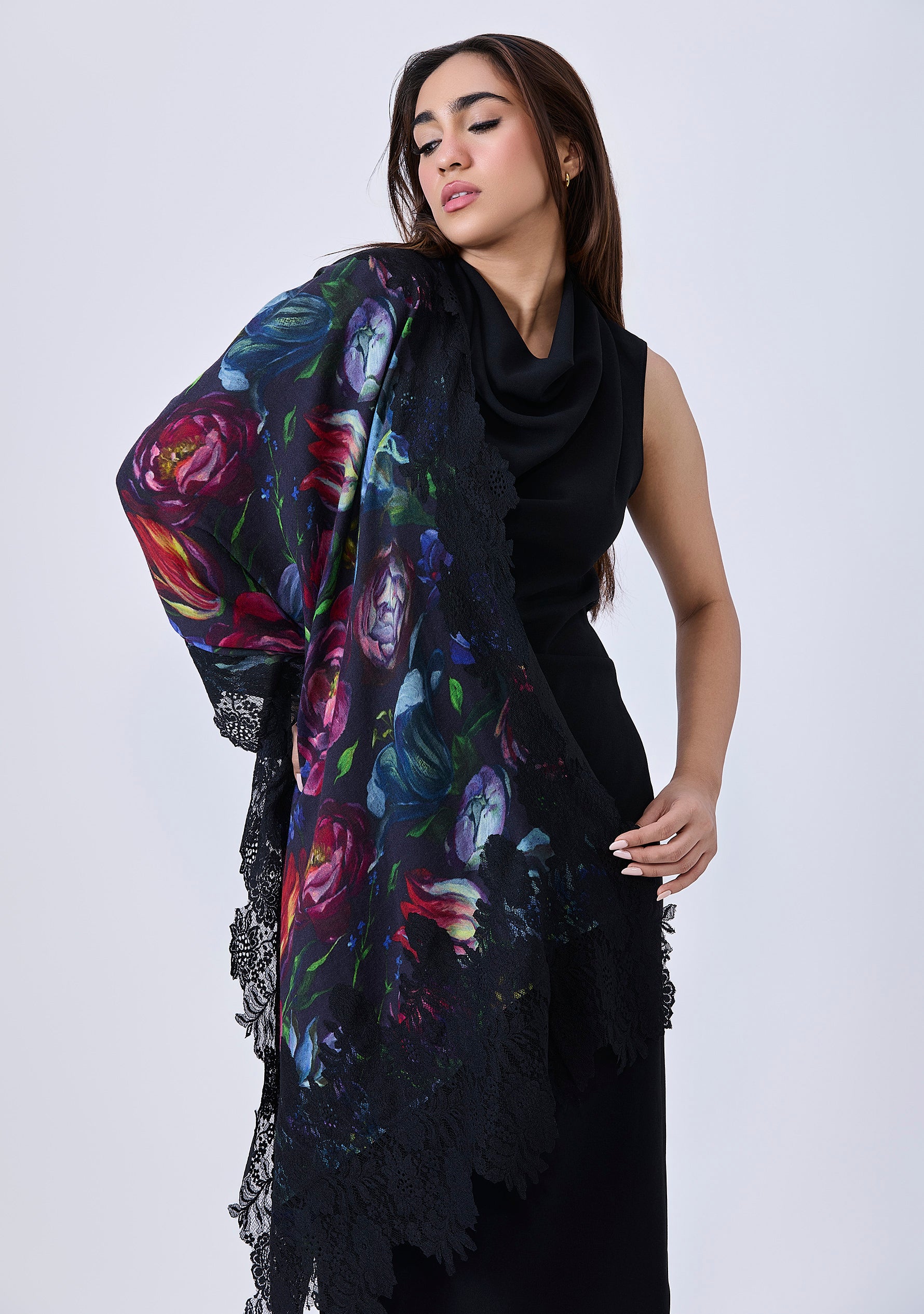 Tulip Print Wool and Silk Scarf with a Black Floral Lace Border