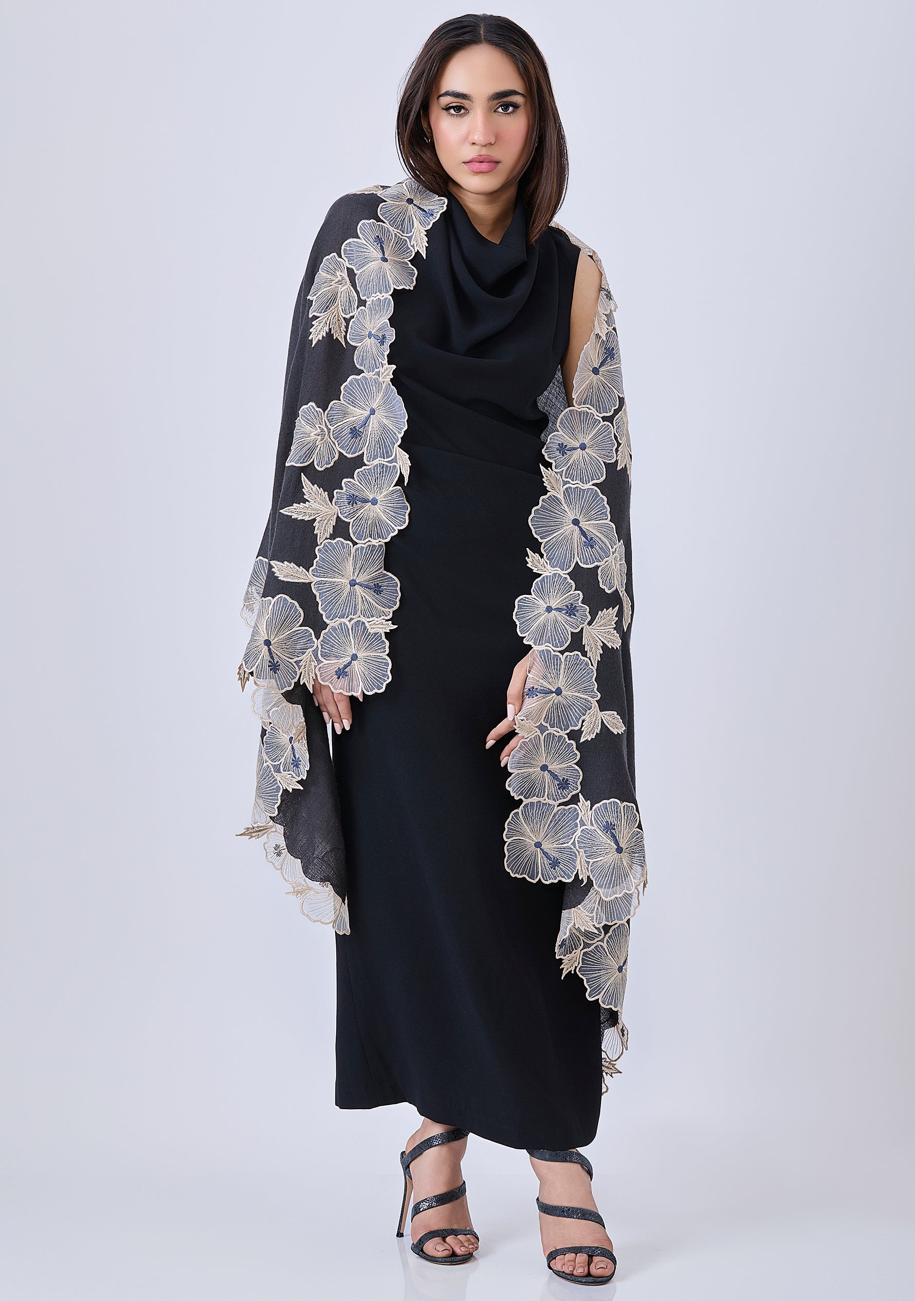 Charcoal Cashmere Scarf with Beige Hibiscus Floral Embroidery Border