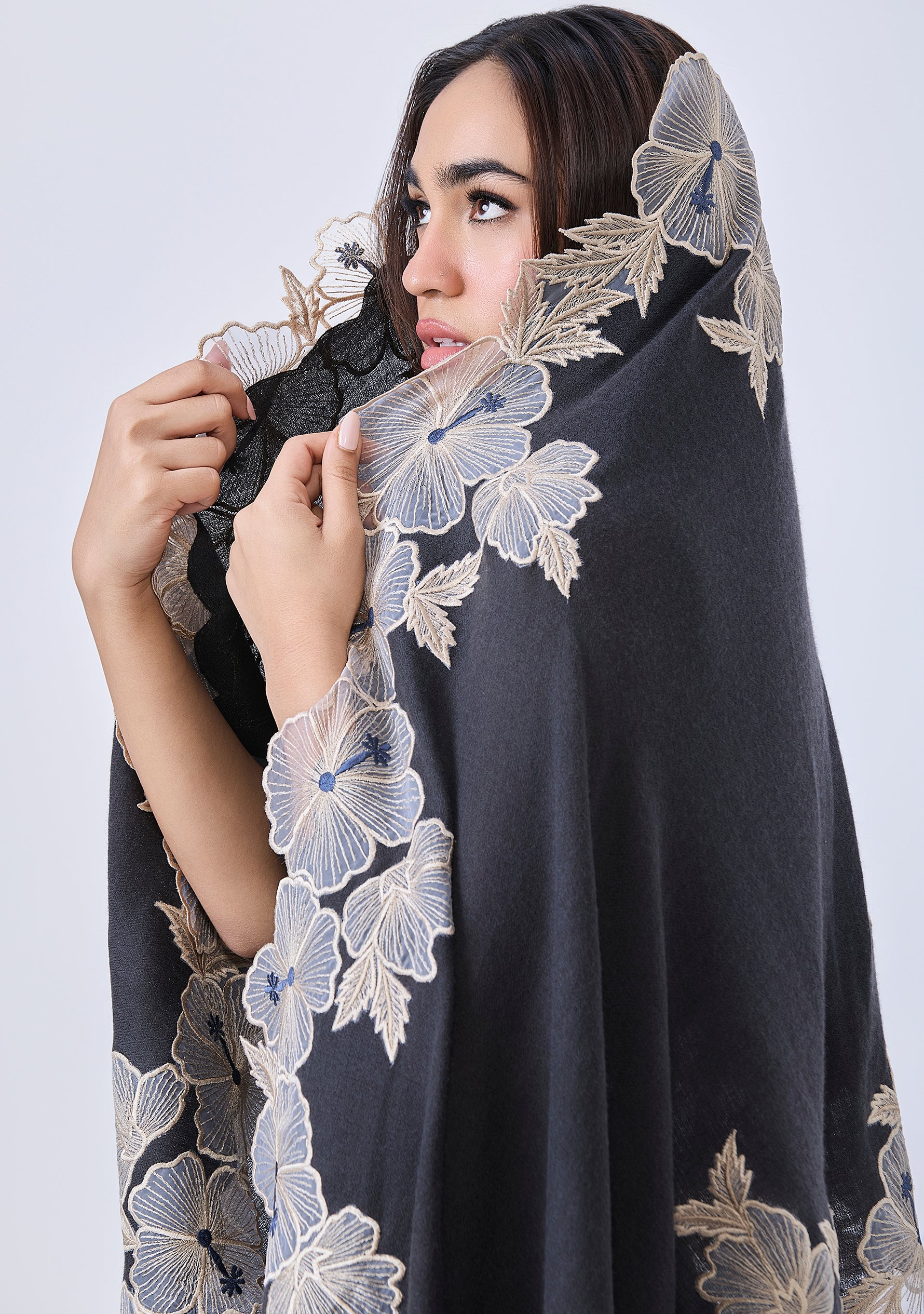 Charcoal Cashmere Scarf with Beige Hibiscus Floral Embroidery Border