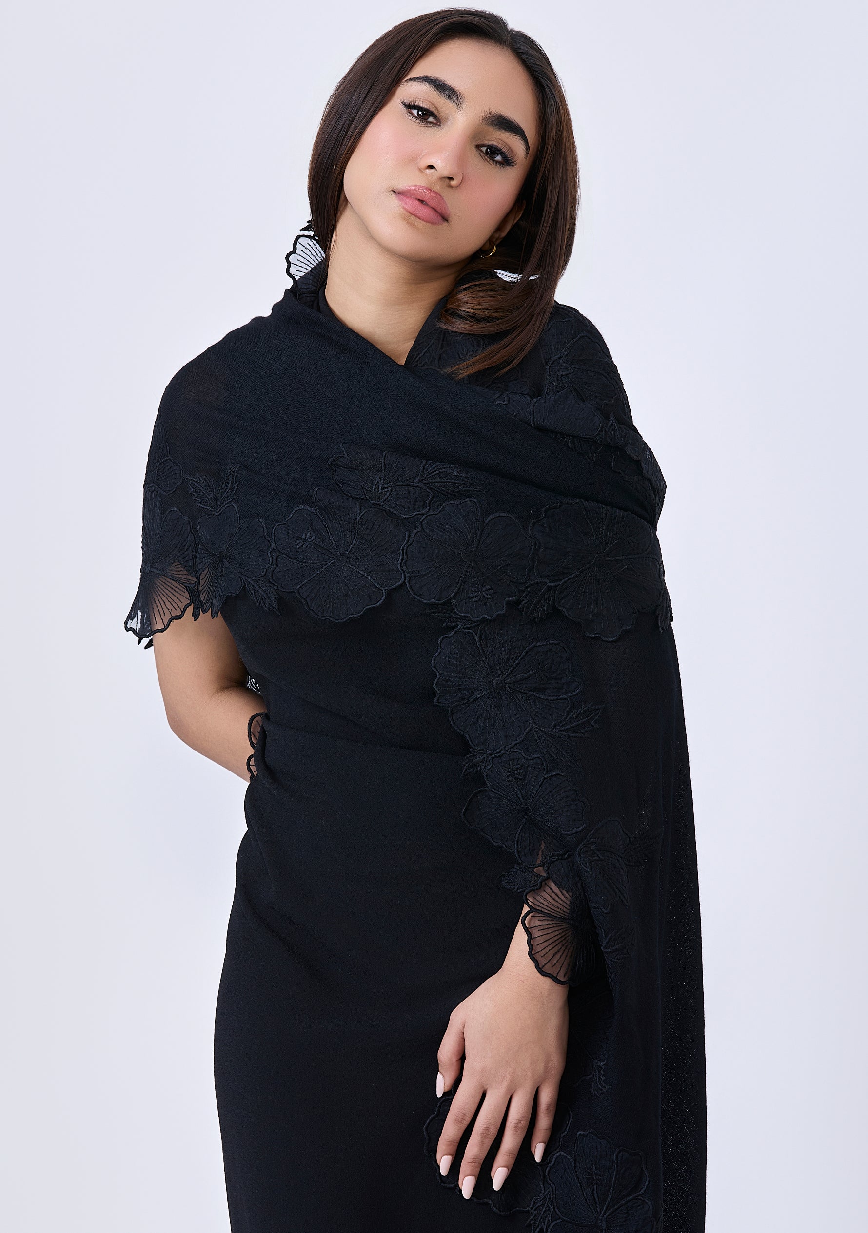 Black Cashmere Scarf with Black Hibiscus Floral Embroidery Border