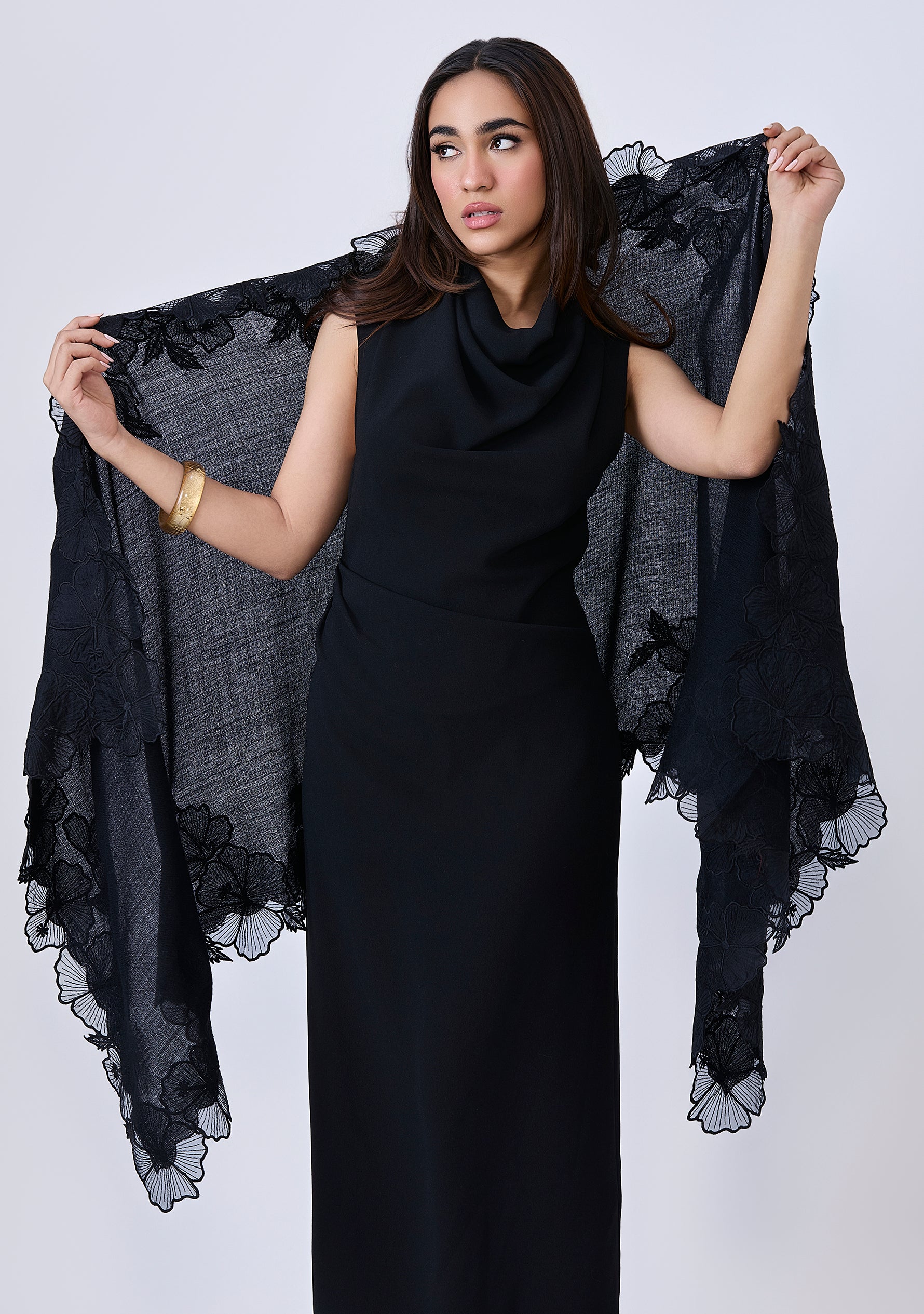 Black Cashmere Scarf with Black Hibiscus Floral Embroidery Border