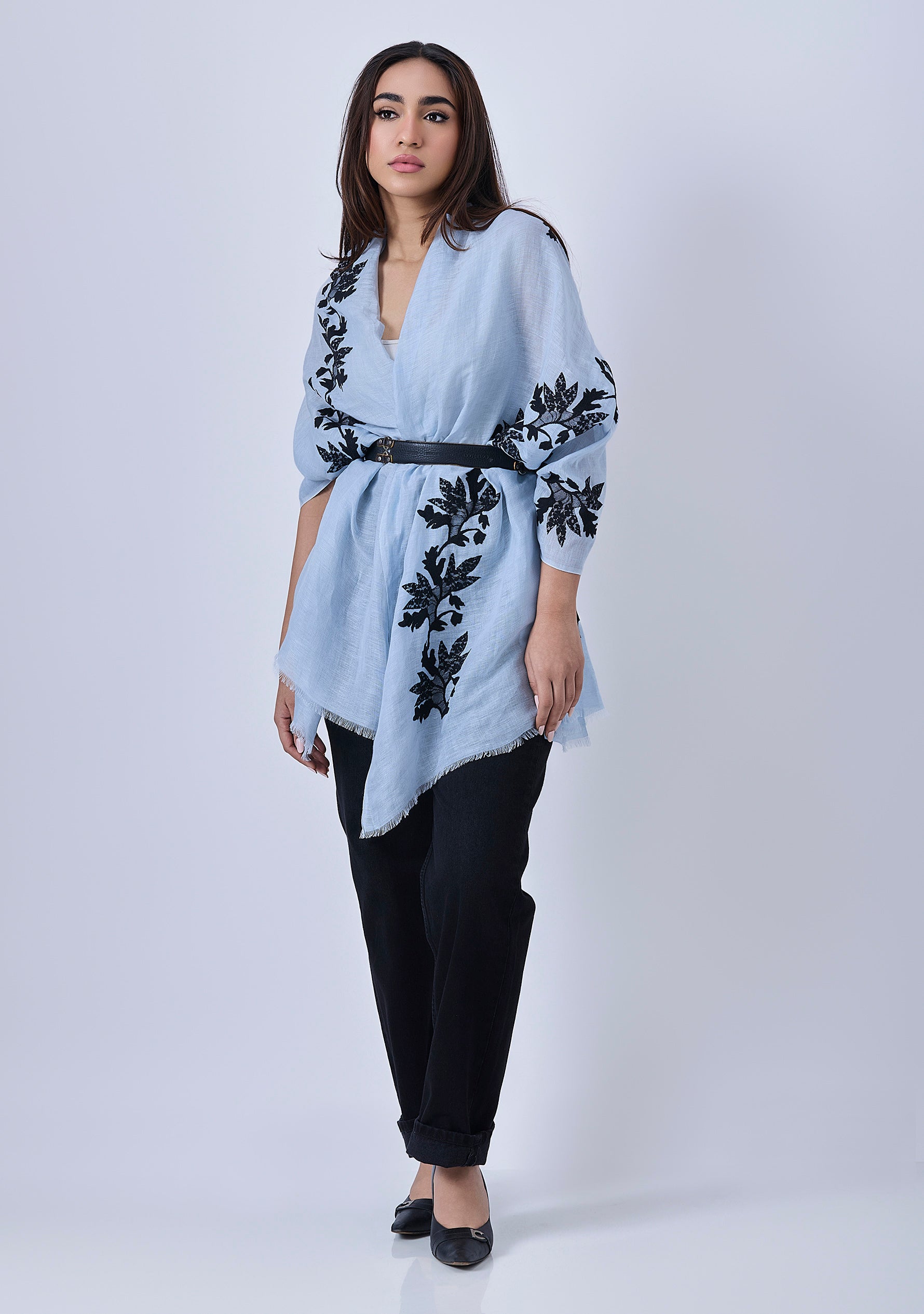 Powder Blue Linen & Modal Scarf Black Lace