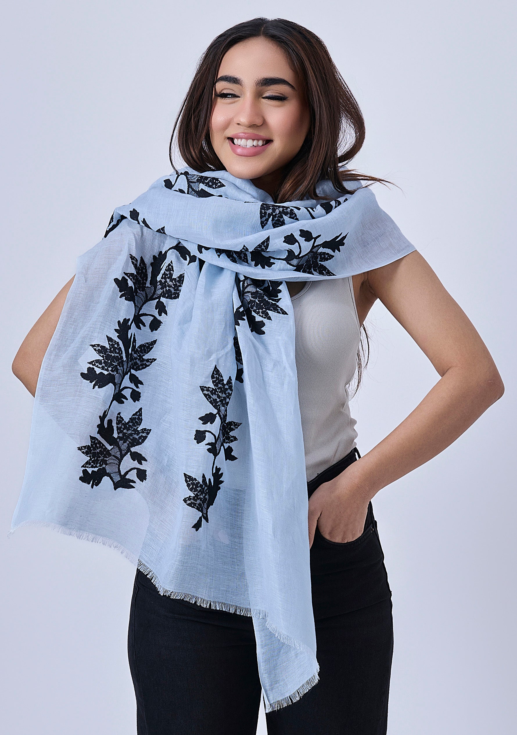 Powder Blue Linen & Modal Scarf Black Lace