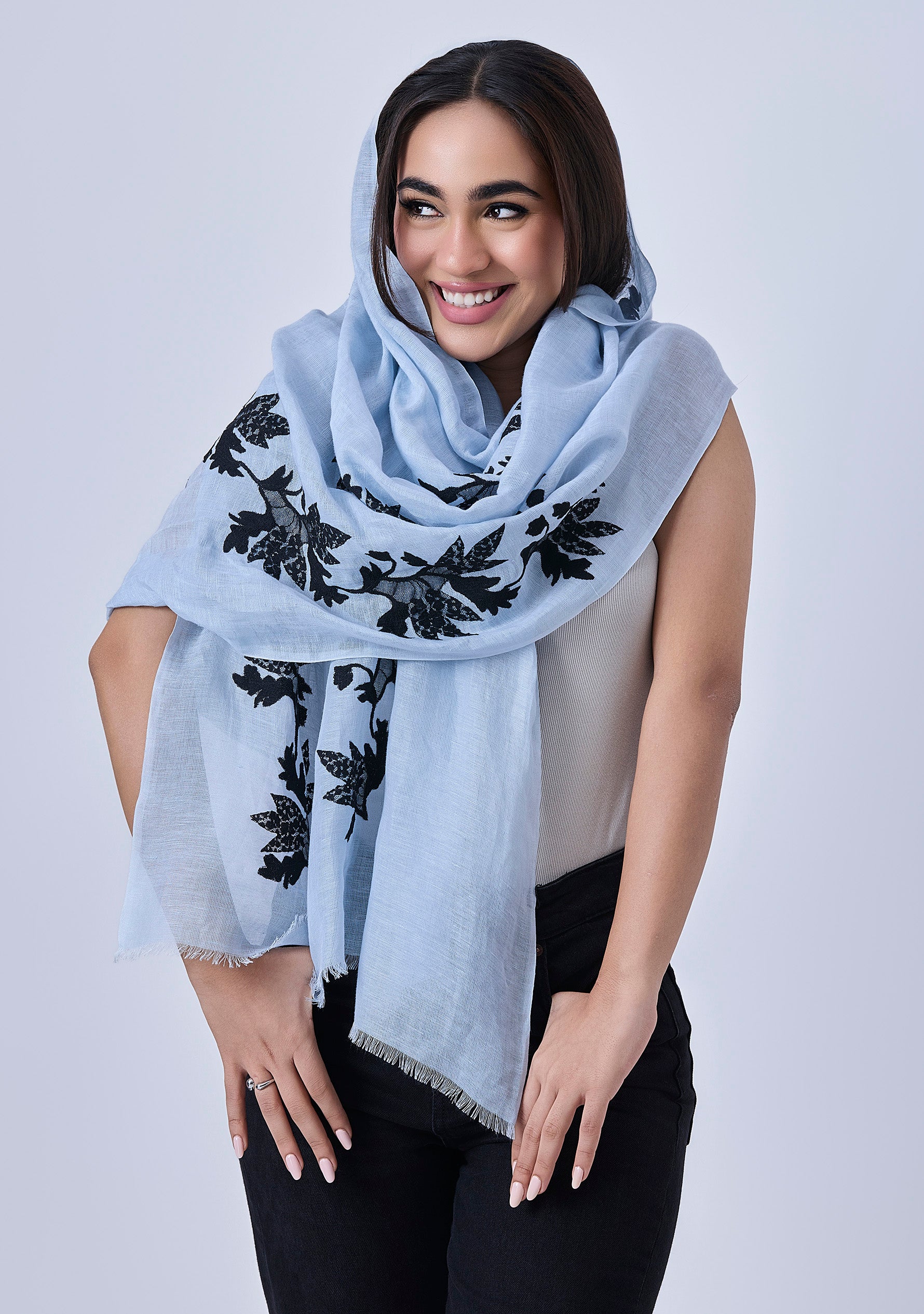 Powder Blue Linen & Modal Scarf Black Lace