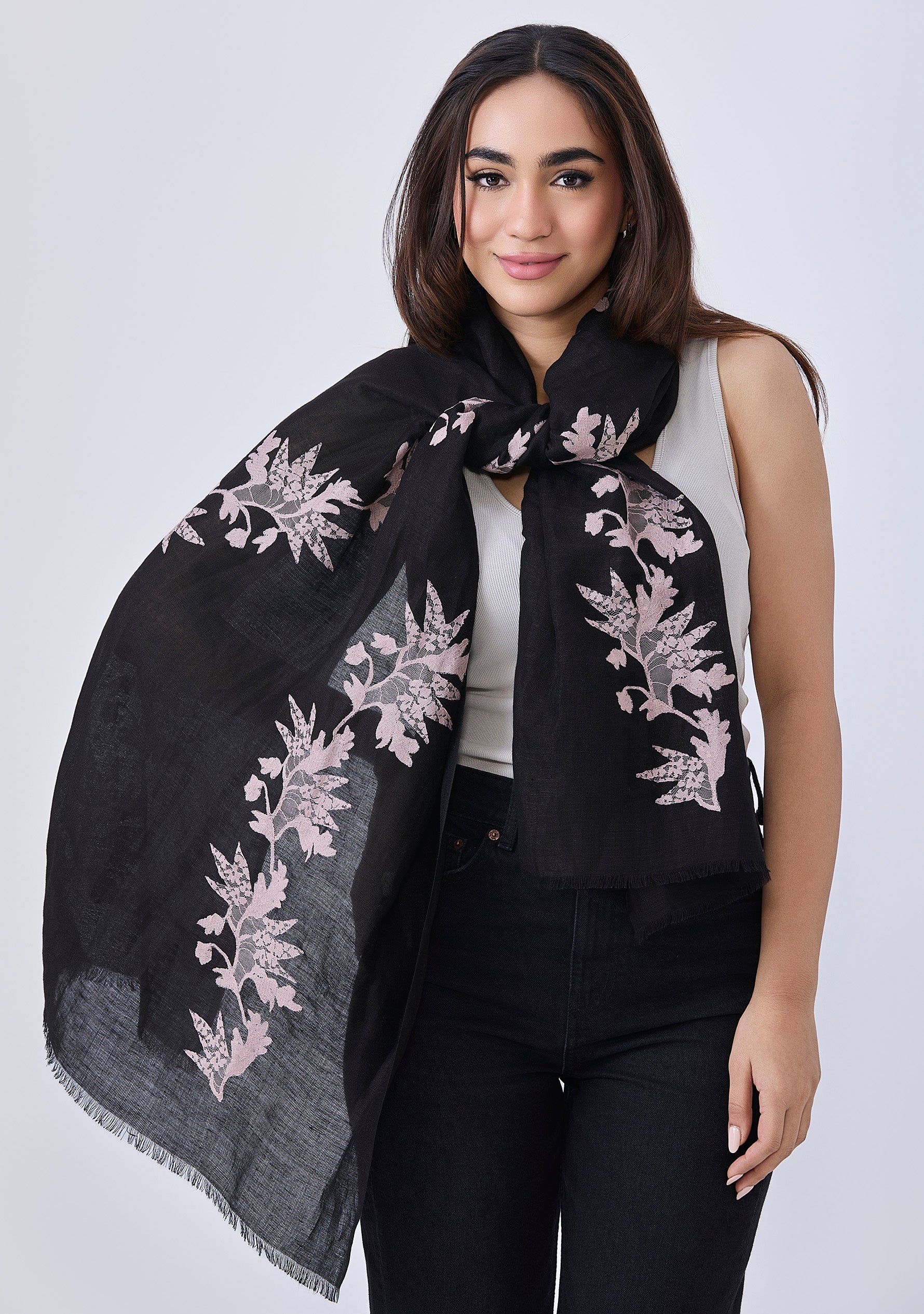 Black Linen & Modal Scarf Lt. Copper Lace