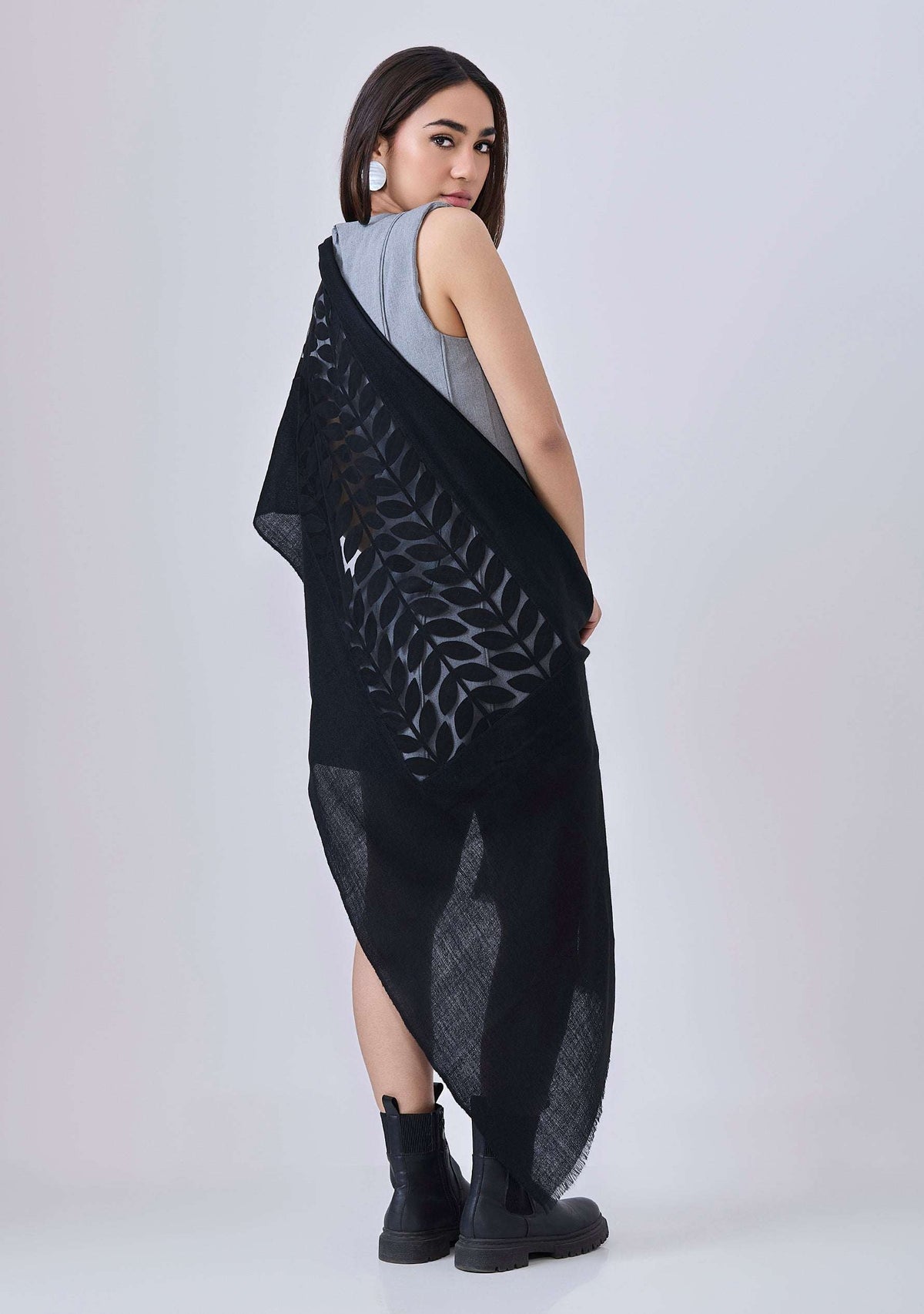Black Cashmere Scarf Black Suede Leather Appliques