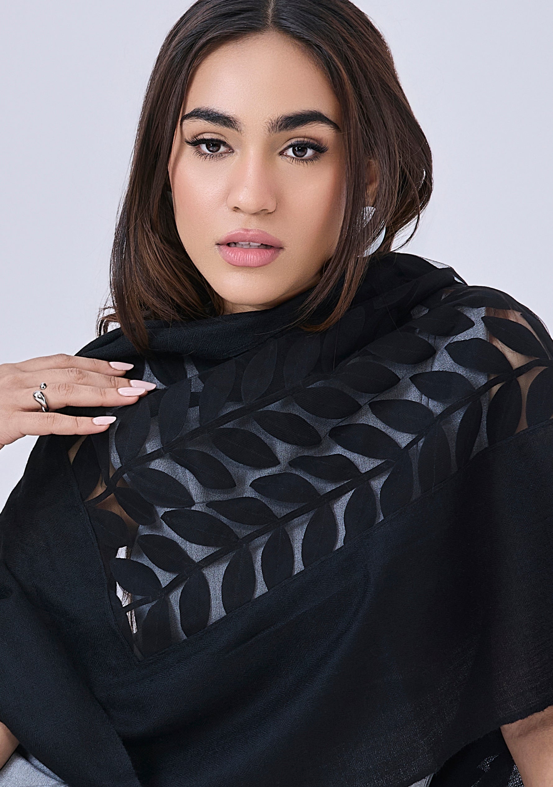 Black Cashmere Scarf with Black Suede Leather Leaf Applique Center Patch