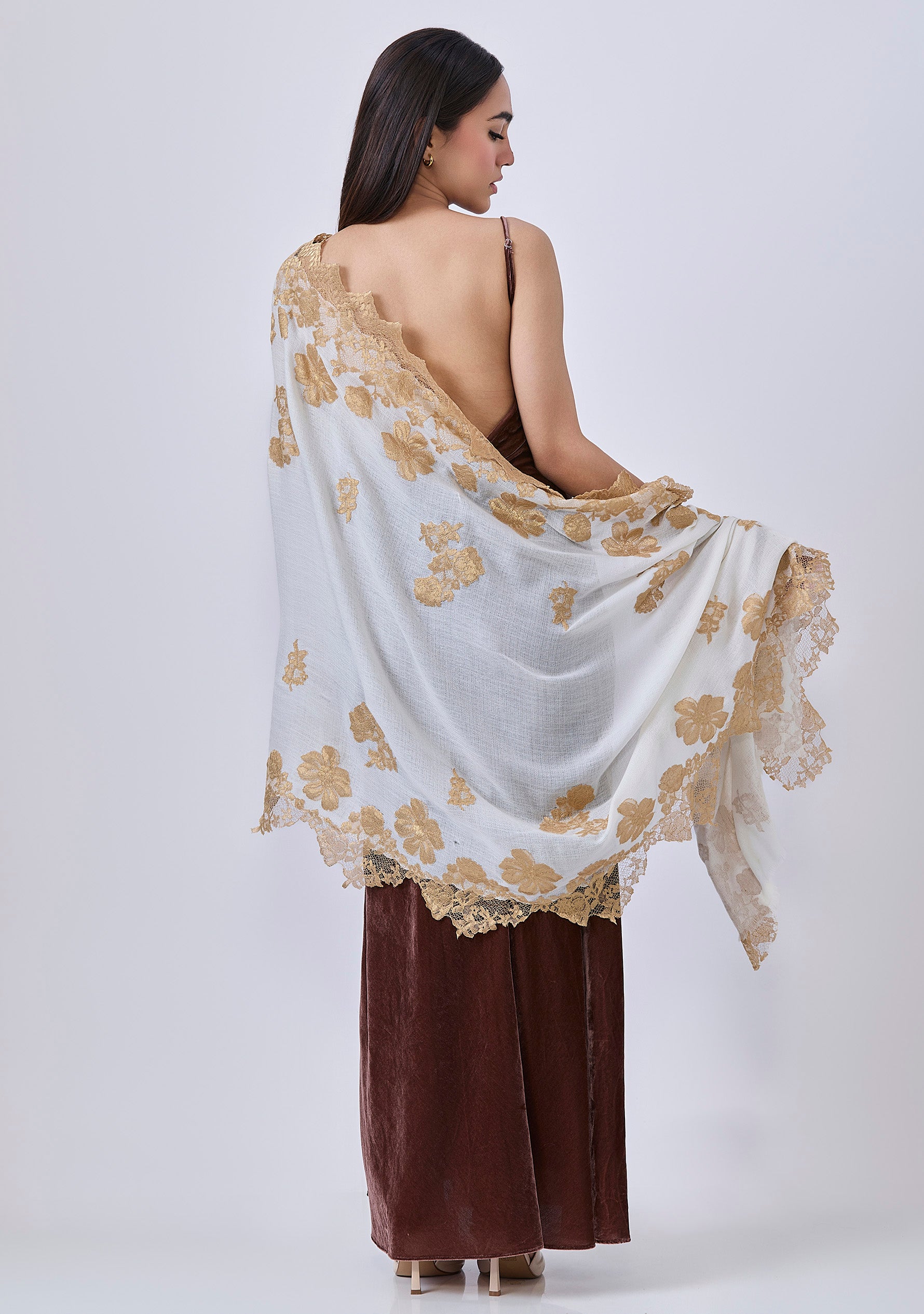 Ivory Cashmere Scarf Gold Lace