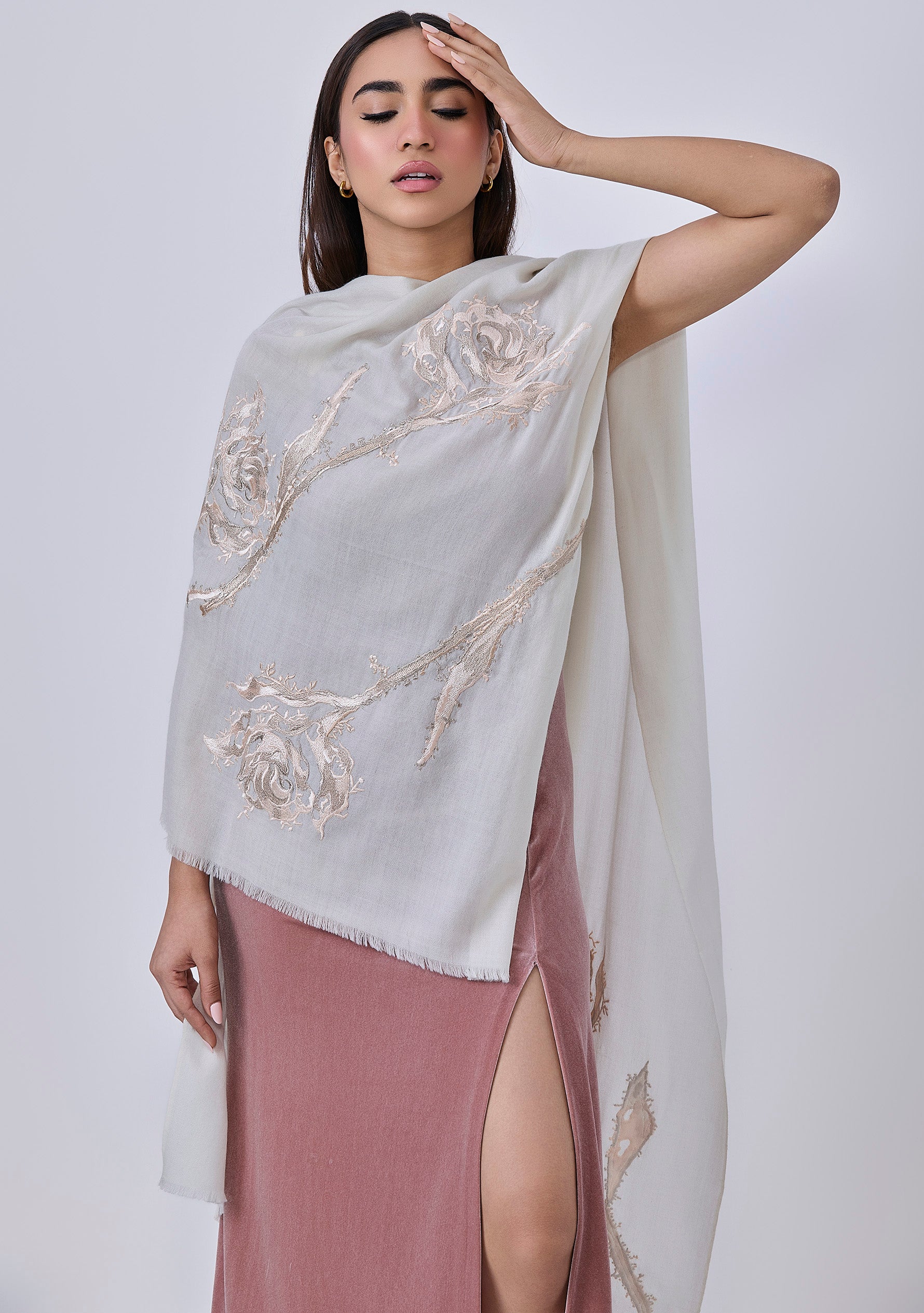 Ivory Wool & Silk Scarf
Lt. Gold Appliqués