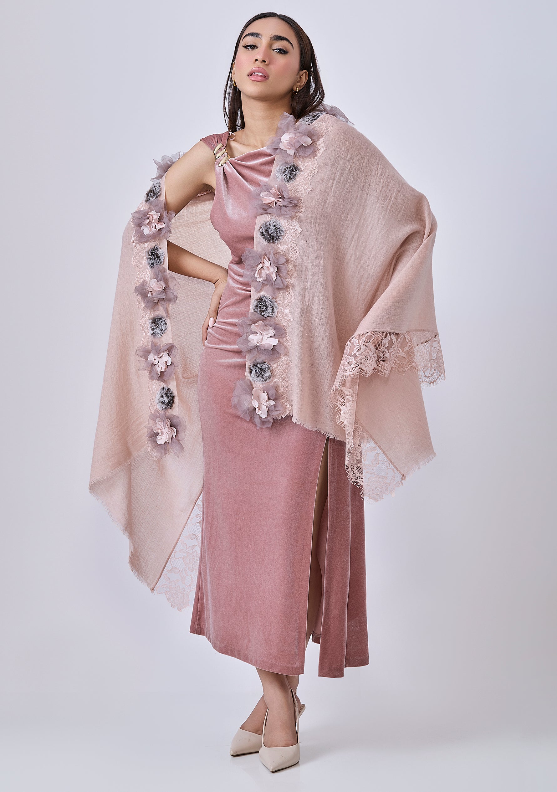 Lt. Copper Cashmere Scarf with Lt. Copper Filigiri lace, Lt. Copper 3D Floral Appliques and Grey Faux Fur Pom Poms