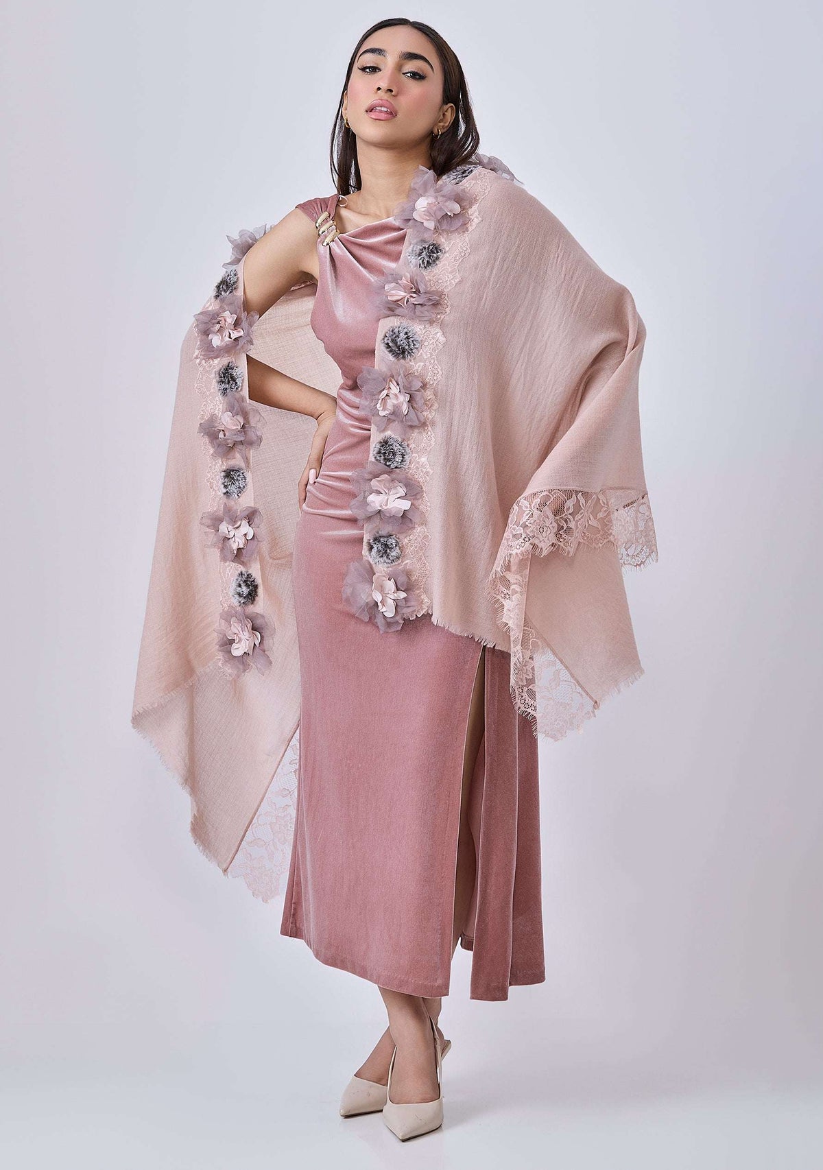 Lt. Copper Cashmere ScarfLace, 3D Applique & Gray faux Fur Pom Poms