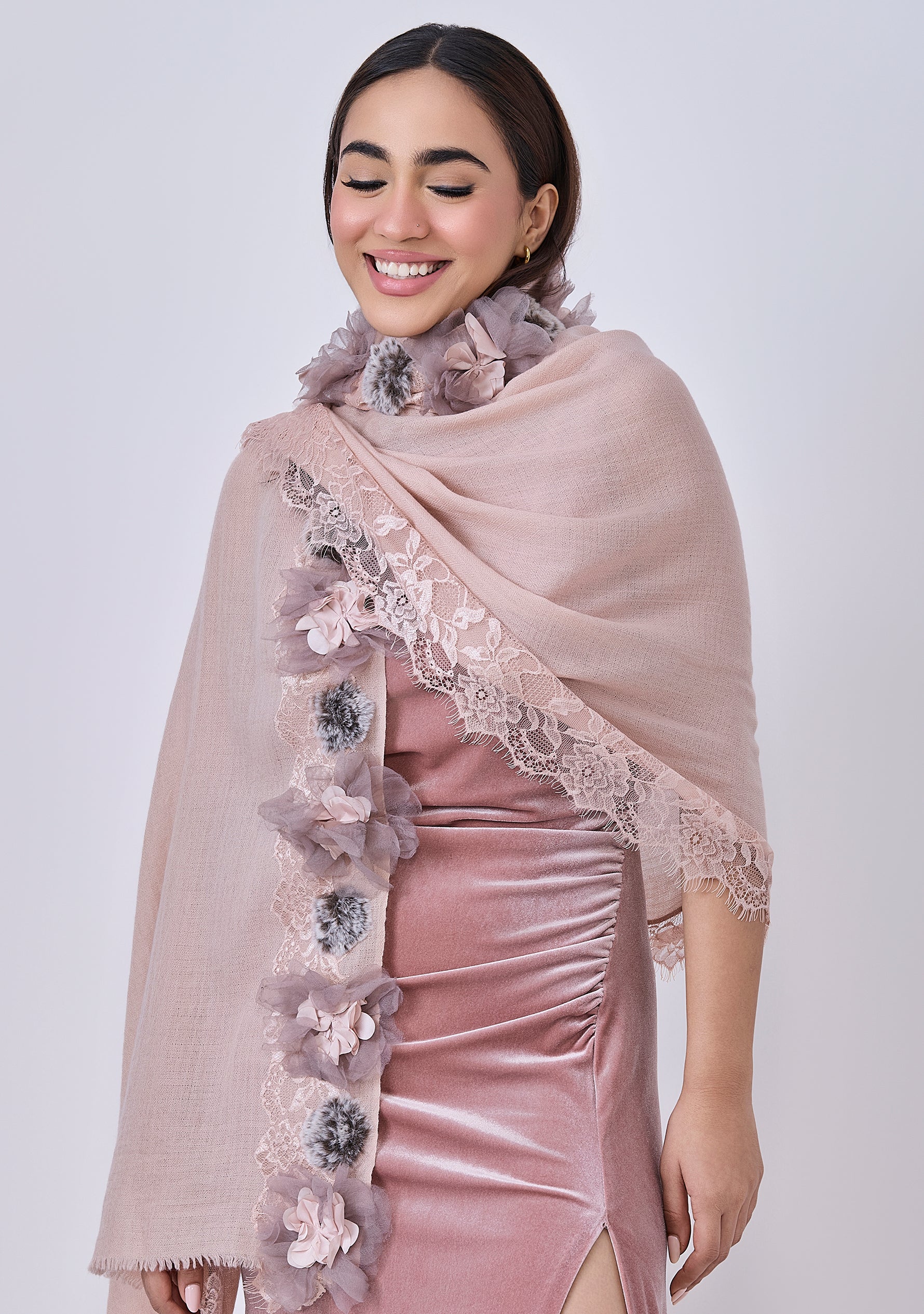 Lt. Copper Cashmere Scarf with Lt. Copper Filigiri lace, Lt. Copper 3D Floral Appliques and Grey Faux Fur Pom Poms